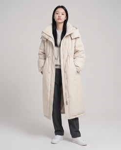Long Oversized Puffer Jacket with Funnel Collar and Hood