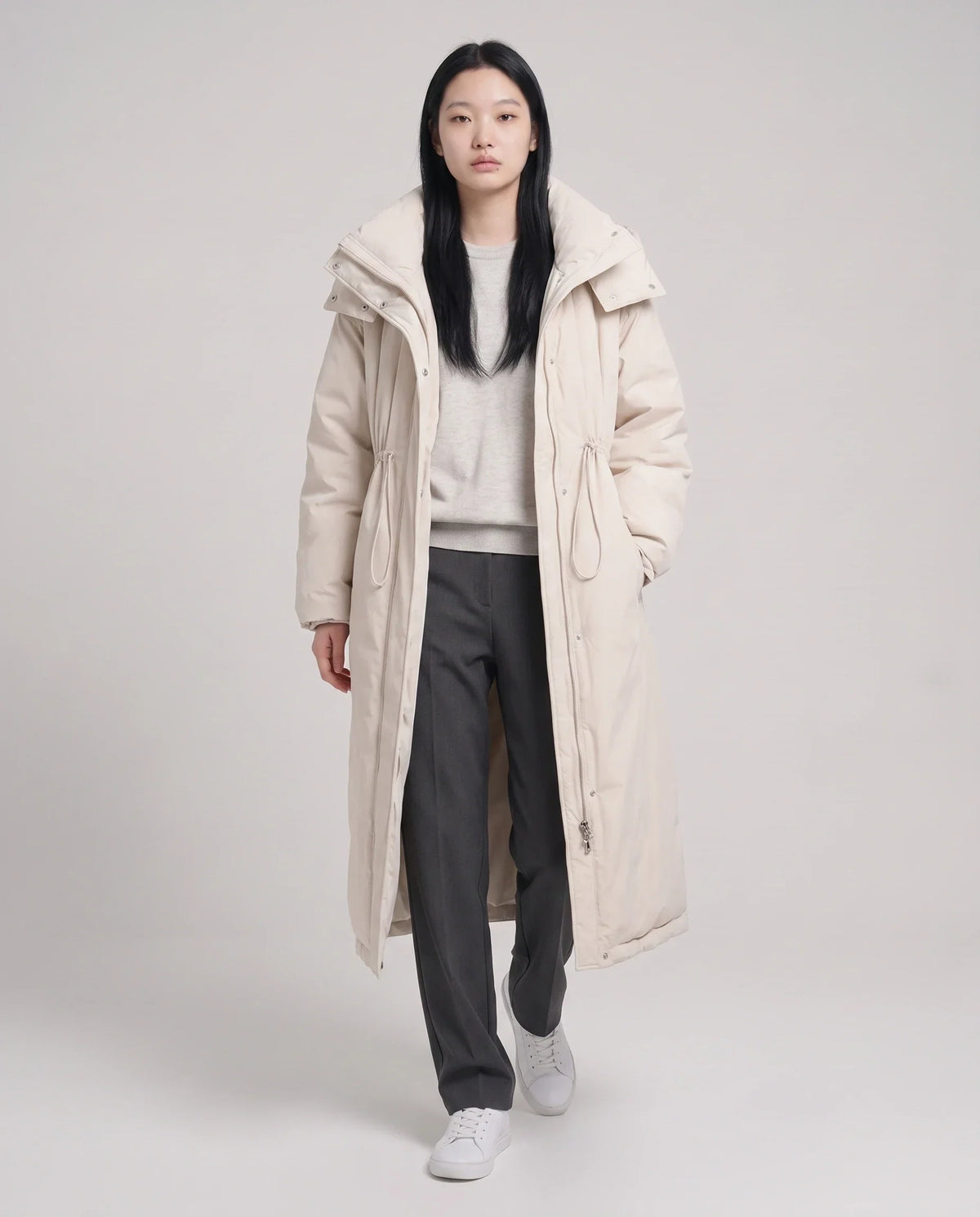 Long Oversized Puffer Jacket with Funnel Collar and Hood