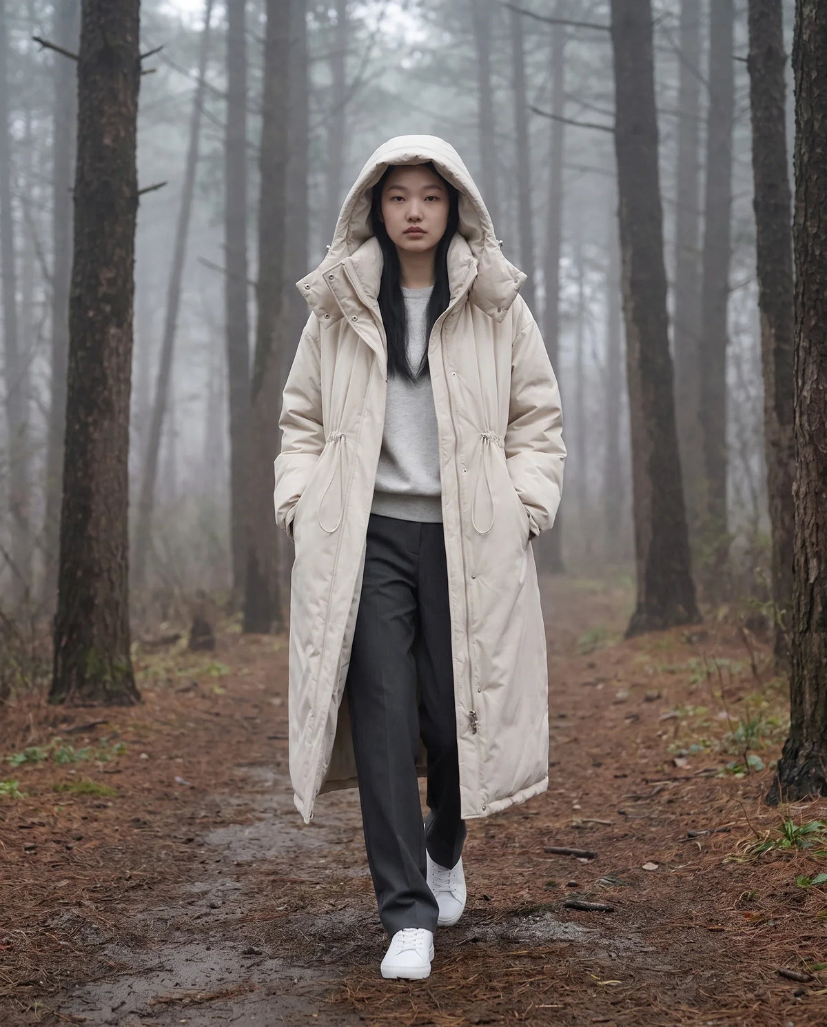 Long Oversized Puffer Jacket with Funnel Collar and Hood