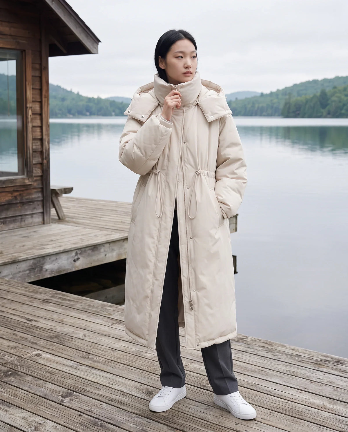 Long Oversized Puffer Jacket with Funnel Collar and Hood