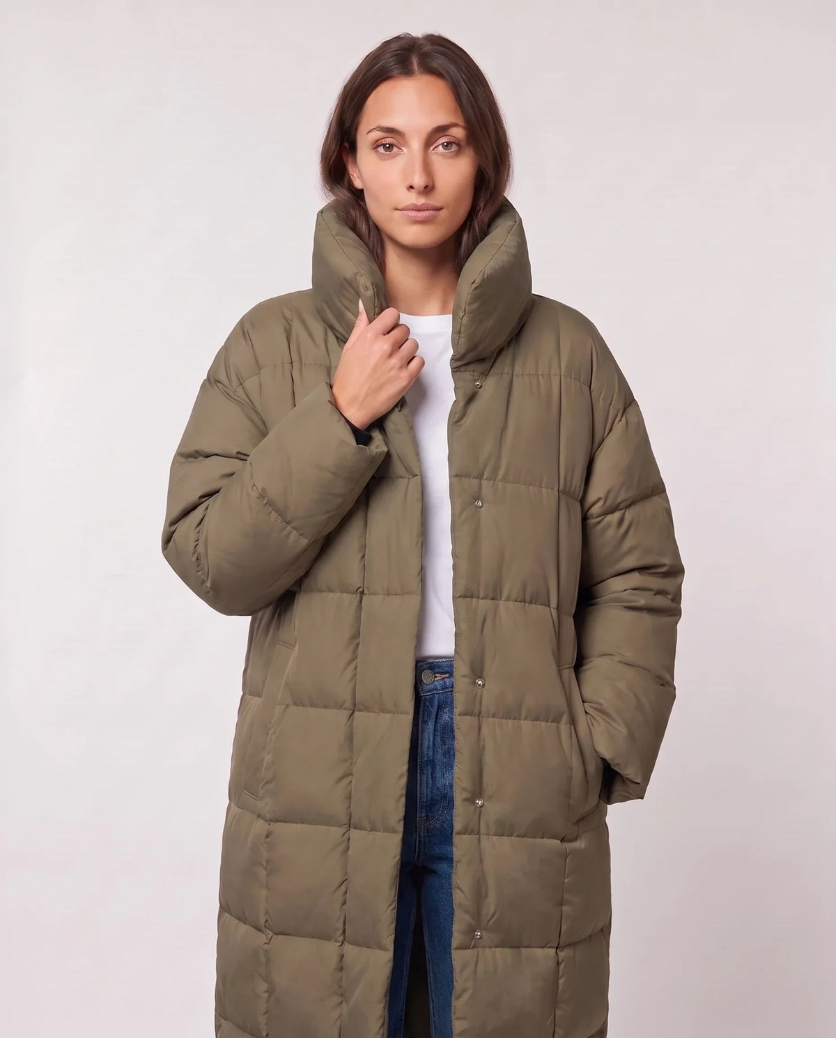 Long Oversized Puffer Jacket with Funnel Collar, No Hood