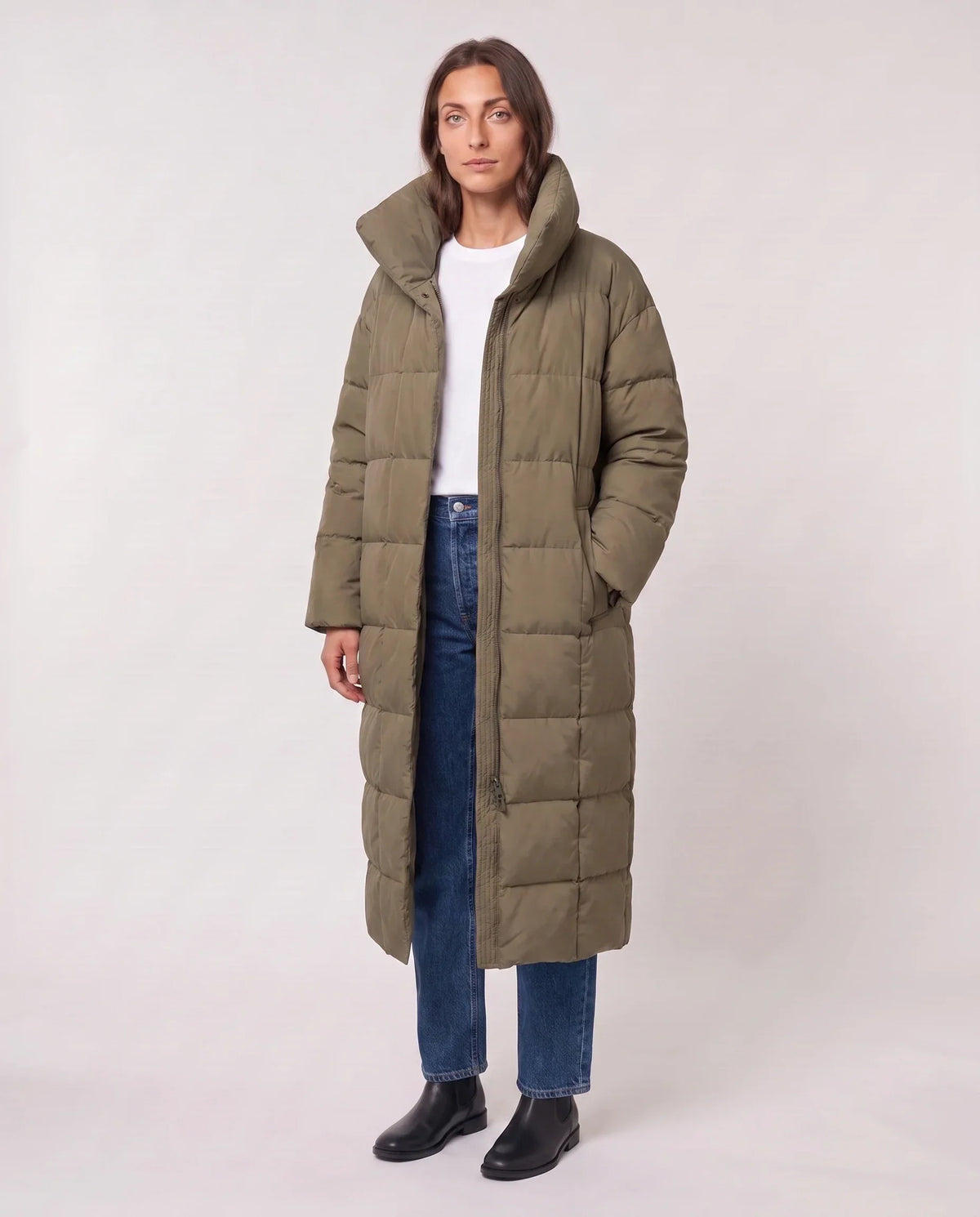 Long Oversized Puffer Jacket with Funnel Collar, No Hood