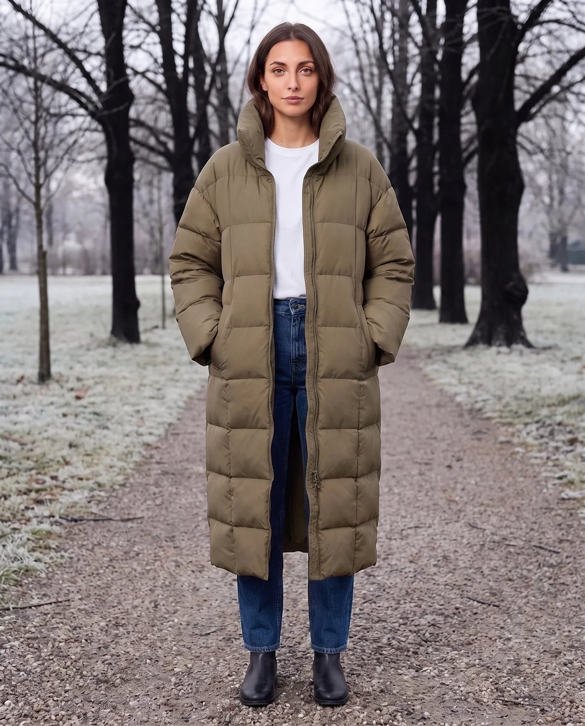 Long Oversized Puffer Jacket with Funnel Collar, No Hood