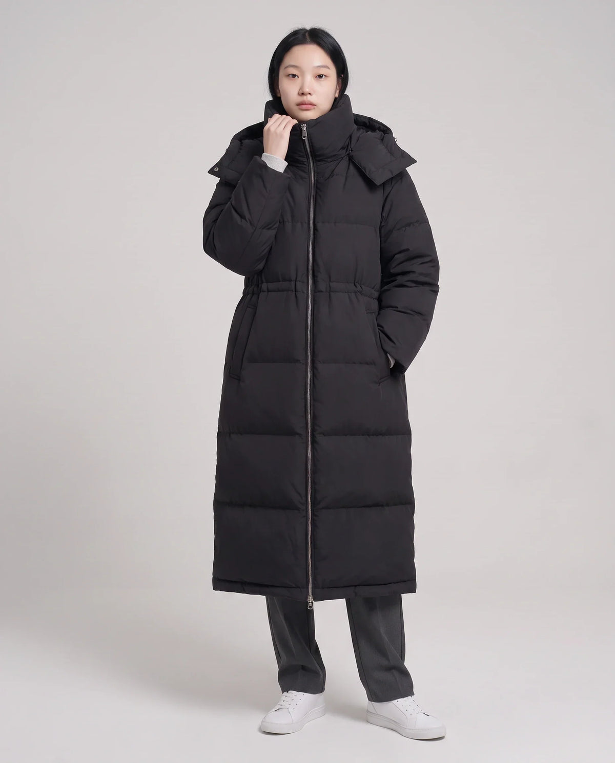 Long Oversized Puffer Jacket with Funnel Collar and Hood