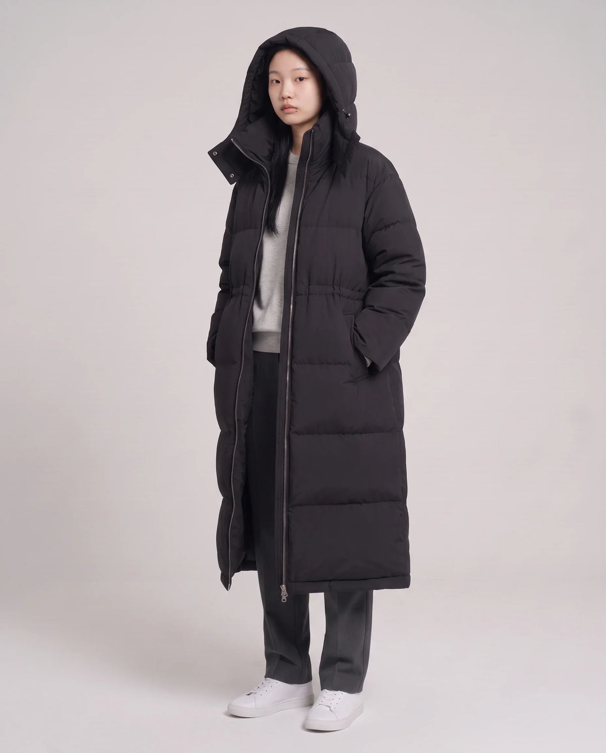 Long Oversized Puffer Jacket with Funnel Collar and Hood