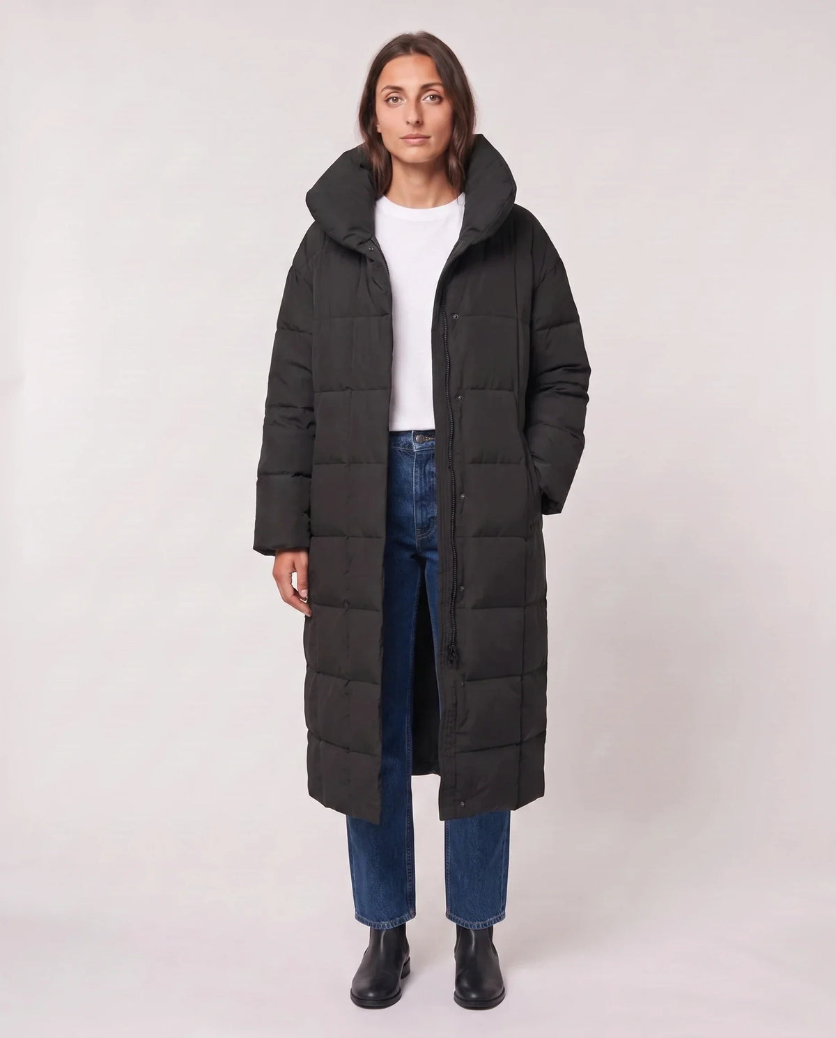 Long Oversized Puffer Jacket with Funnel Collar, No Hood