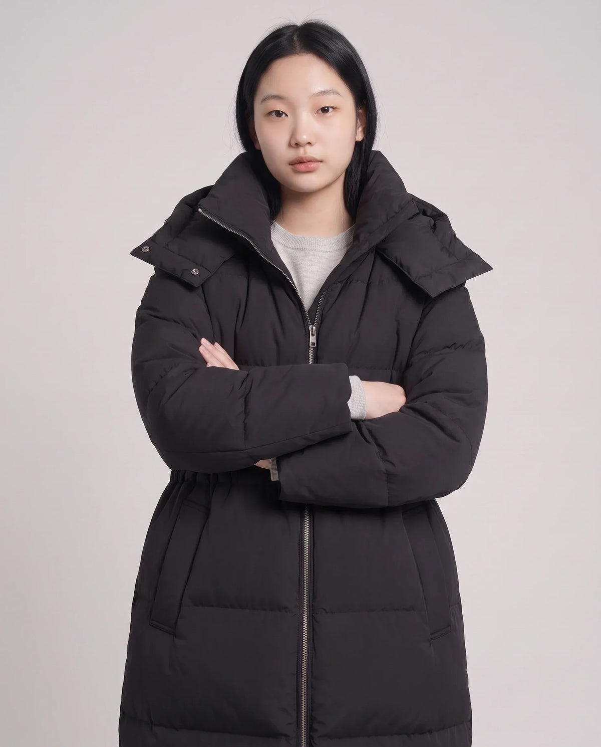 Long Oversized Puffer Jacket with Funnel Collar and Hood