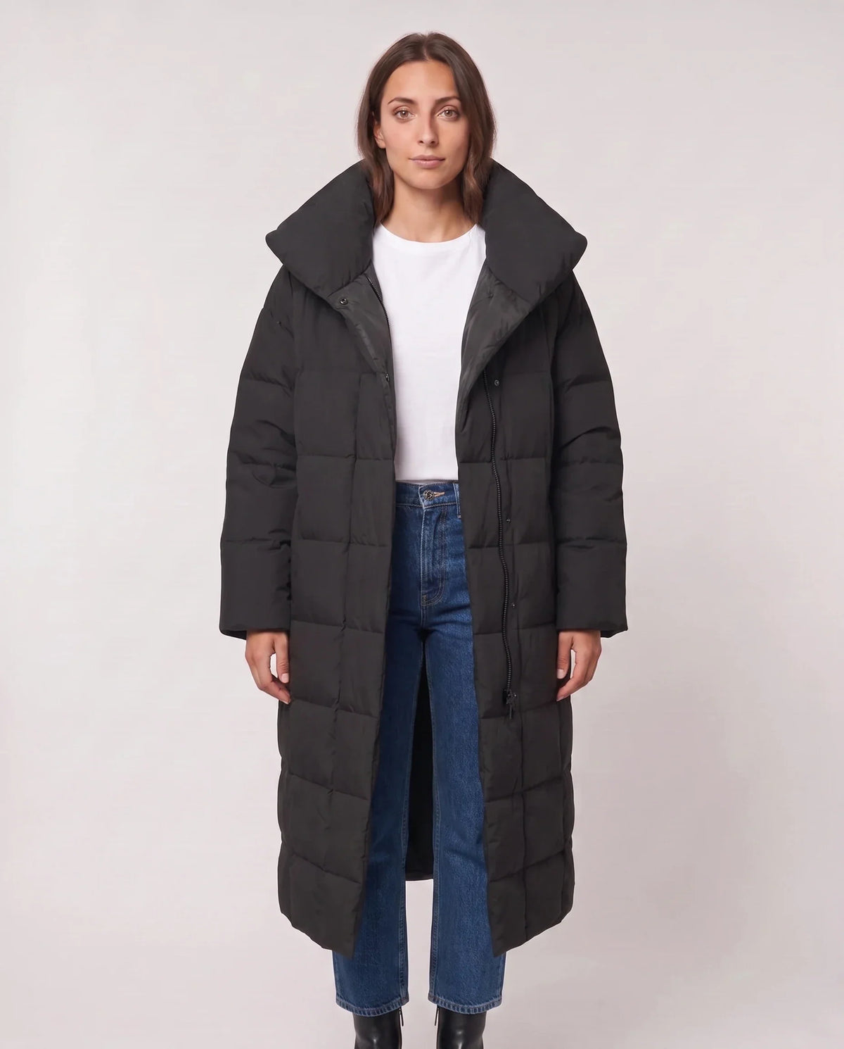 Long Oversized Puffer Jacket with Funnel Collar, No Hood