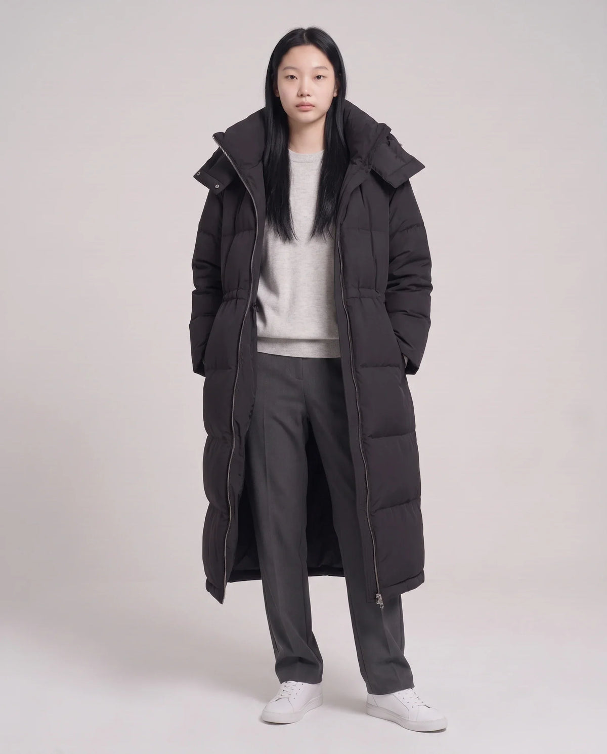 Long Oversized Puffer Jacket with Funnel Collar and Hood
