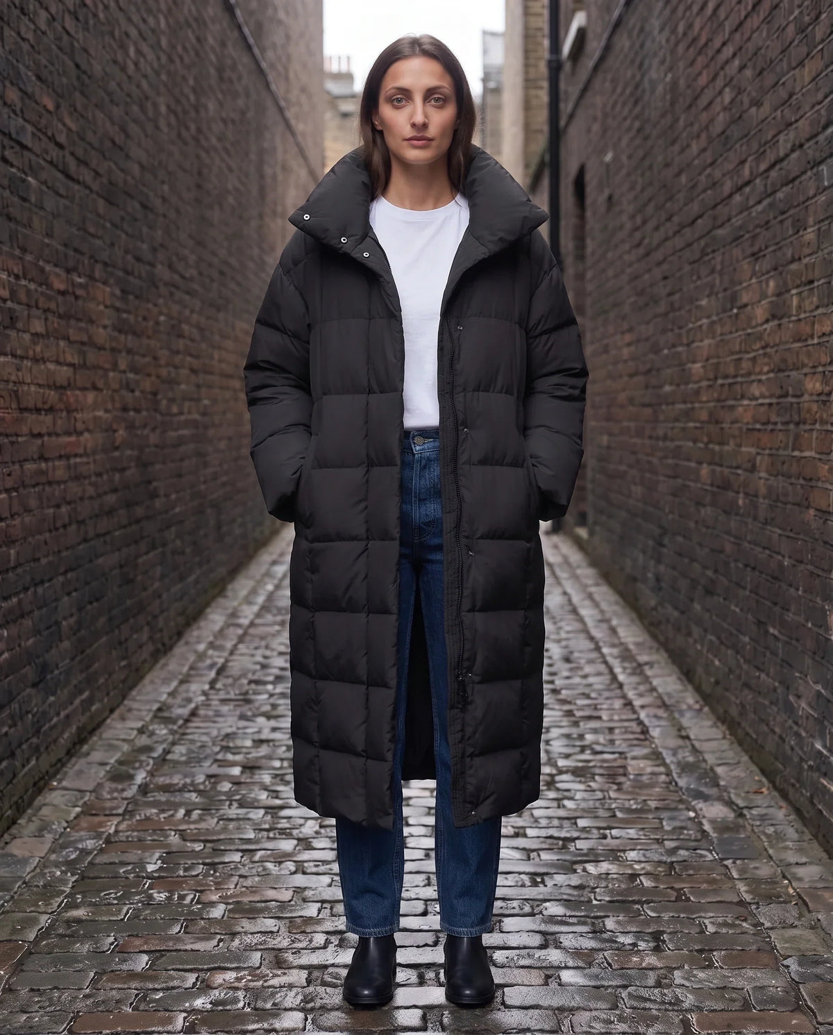 Long Oversized Puffer Jacket with Funnel Collar, No Hood