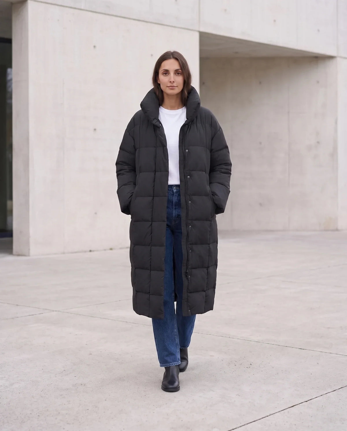 Long Oversized Puffer Jacket with Funnel Collar, No Hood