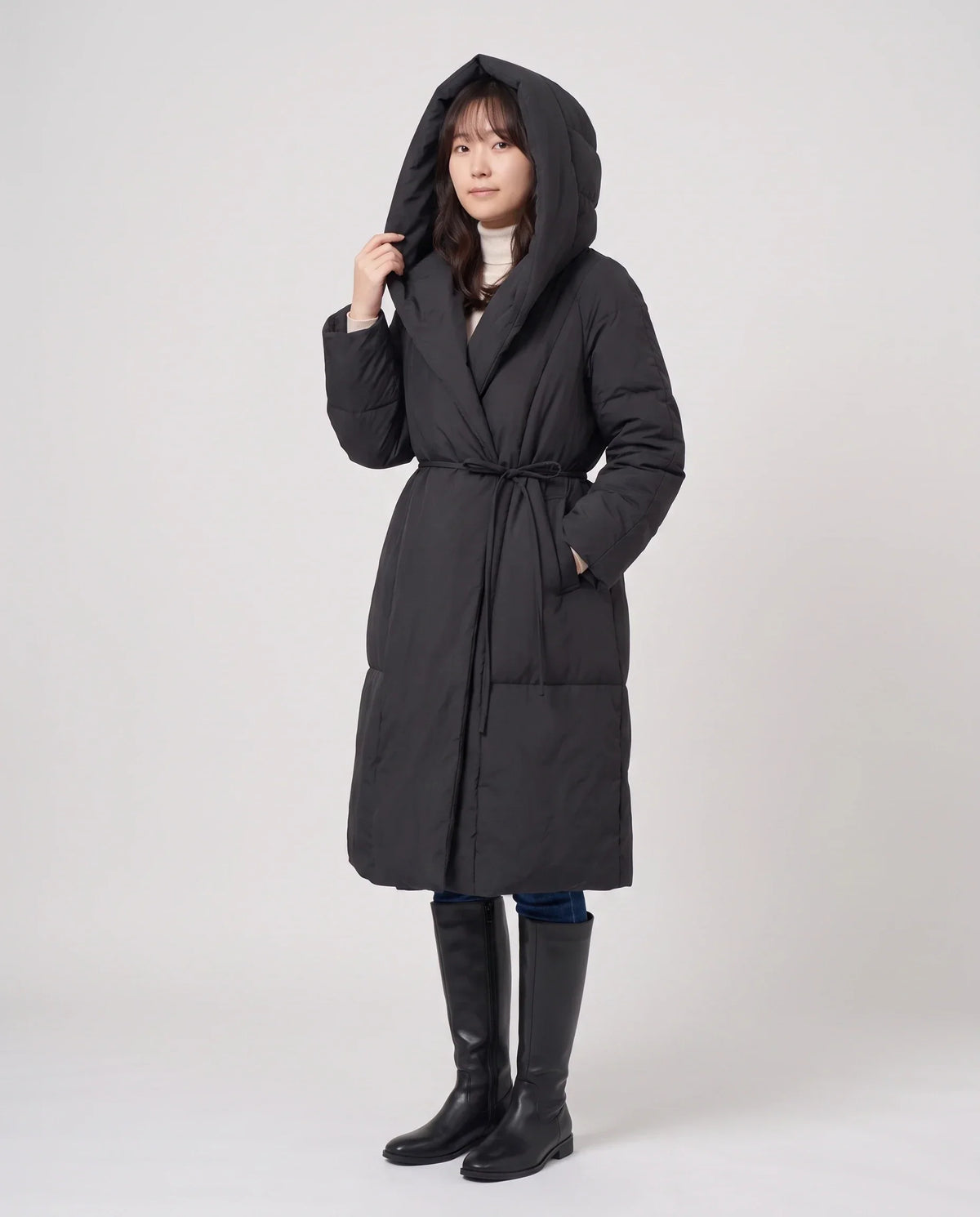 Long Oversized Wrap Puffer Coat with Hood