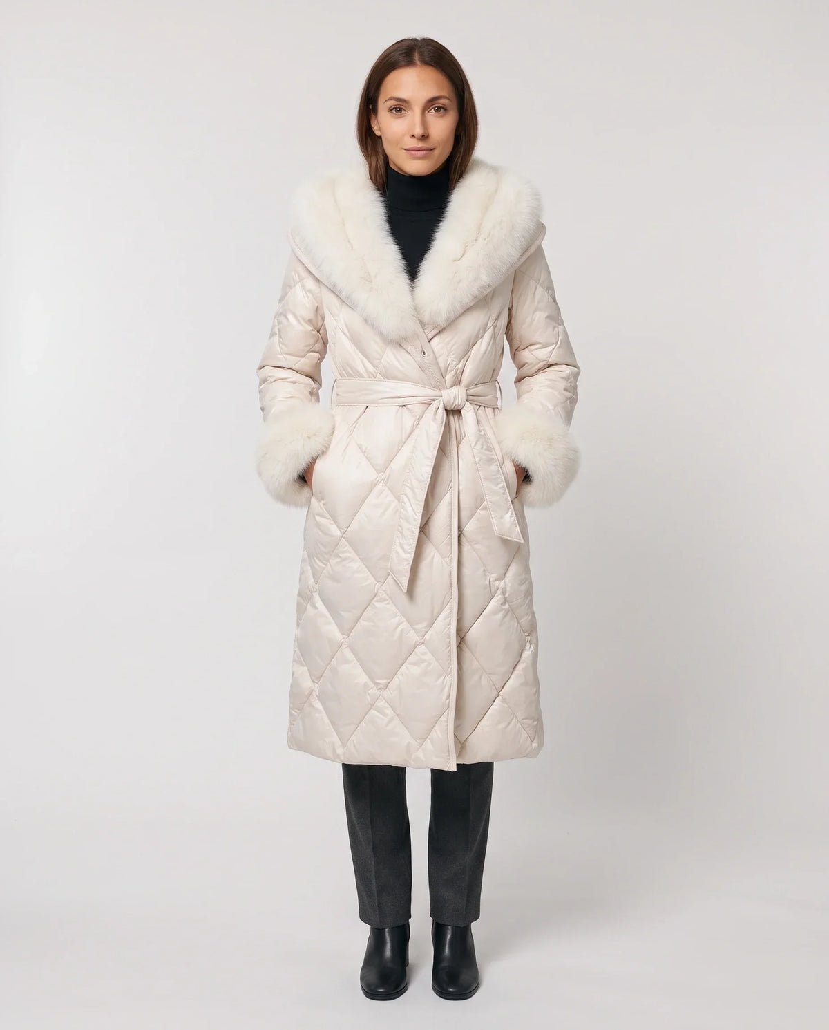 Long Wrap Puffer Jacket with Faux Fur Hood
