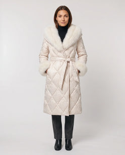 Long Wrap Puffer Jacket with Faux Fur Hood