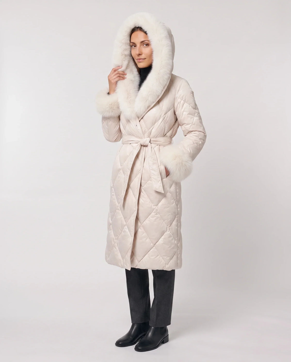Long Wrap Puffer Jacket with Faux Fur Hood