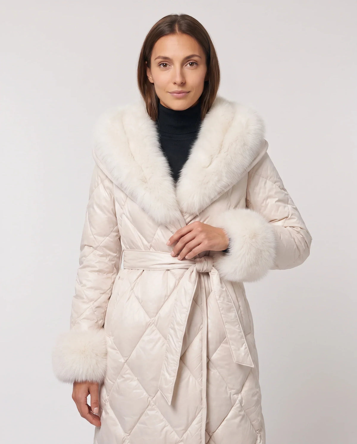 Long Wrap Puffer Jacket with Faux Fur Hood