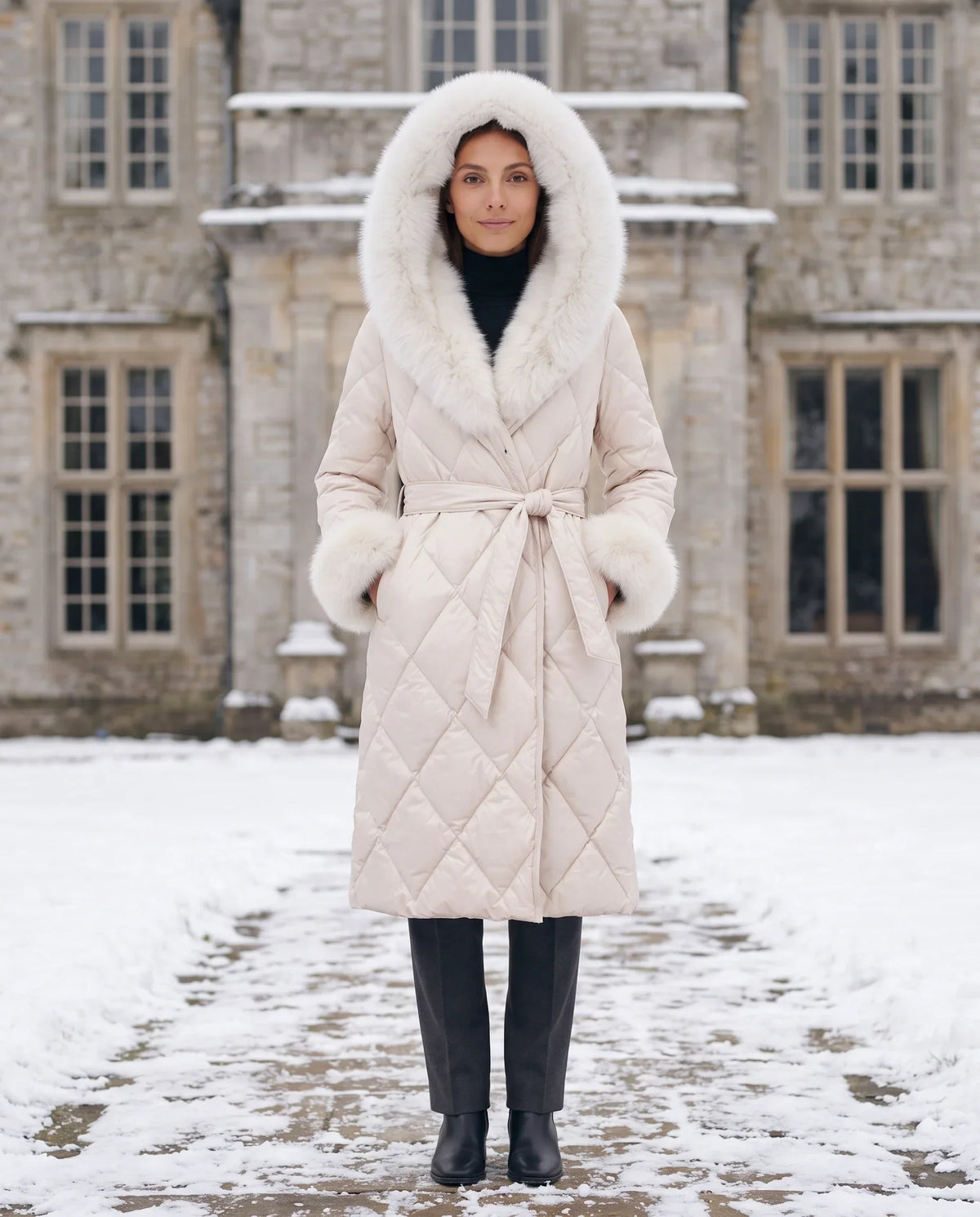 Long Wrap Puffer Jacket with Faux Fur Hood