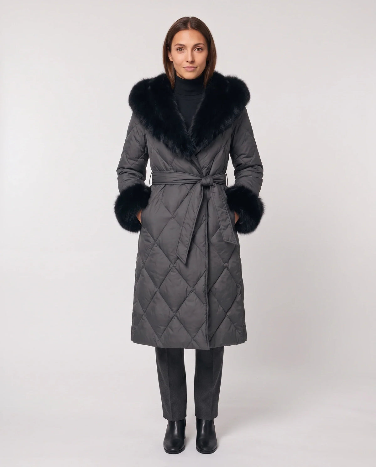 Long Wrap Puffer Jacket with Faux Fur Hood