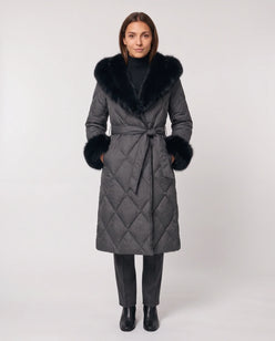 Long Wrap Puffer Jacket with Faux Fur Hood