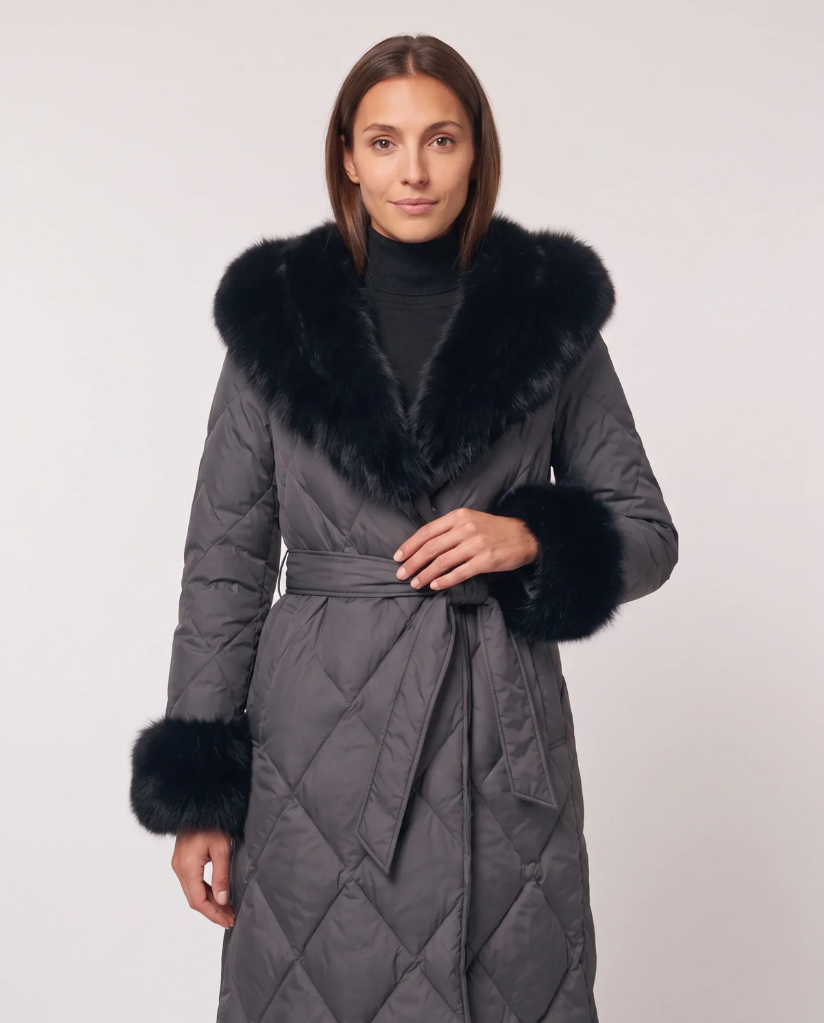 Long Wrap Puffer Jacket with Faux Fur Hood