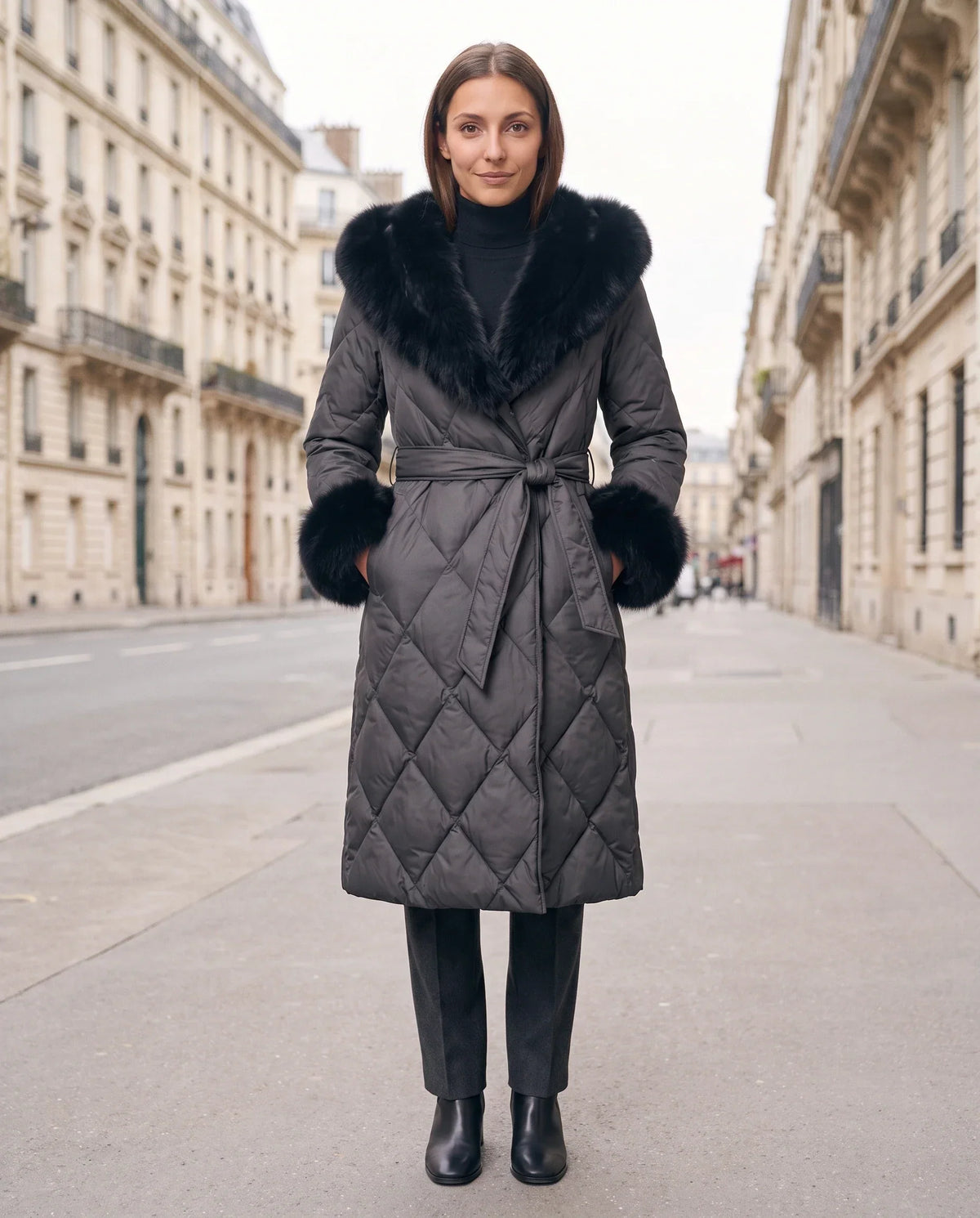 Long Wrap Puffer Jacket with Faux Fur Hood