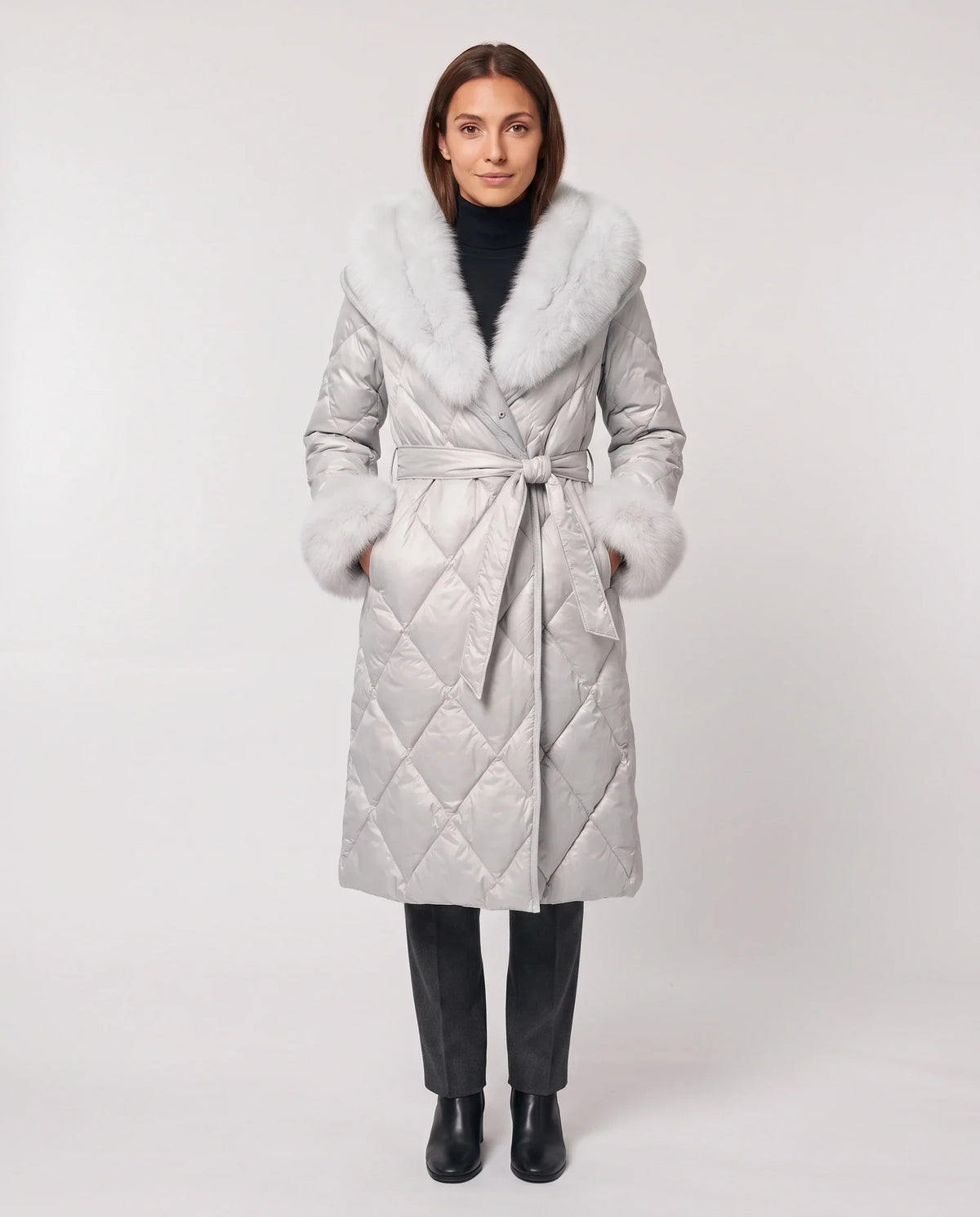 Long Wrap Puffer Jacket with Faux Fur Hood