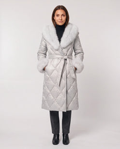 Long Wrap Puffer Jacket with Faux Fur Hood