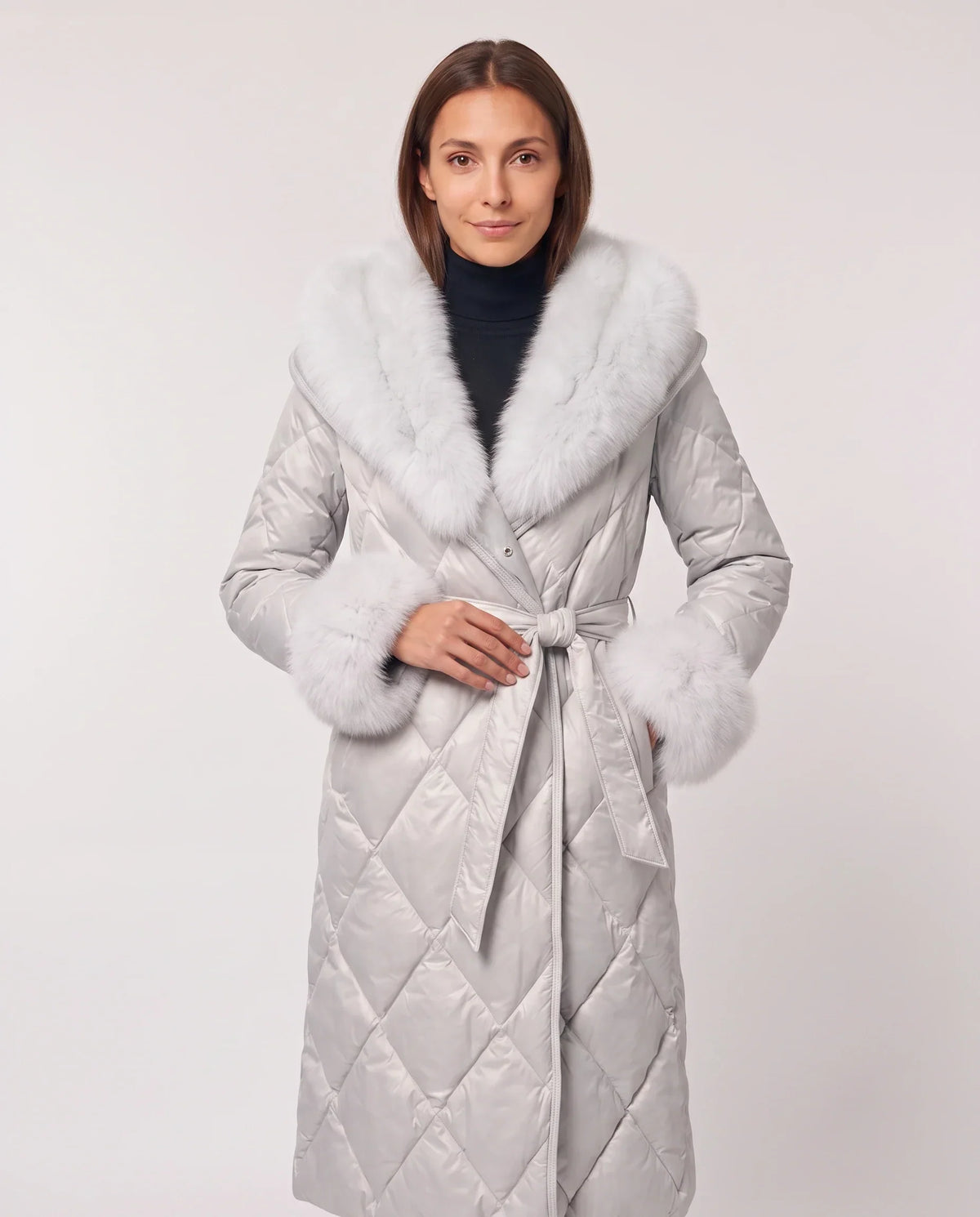 Long Wrap Puffer Jacket with Faux Fur Hood