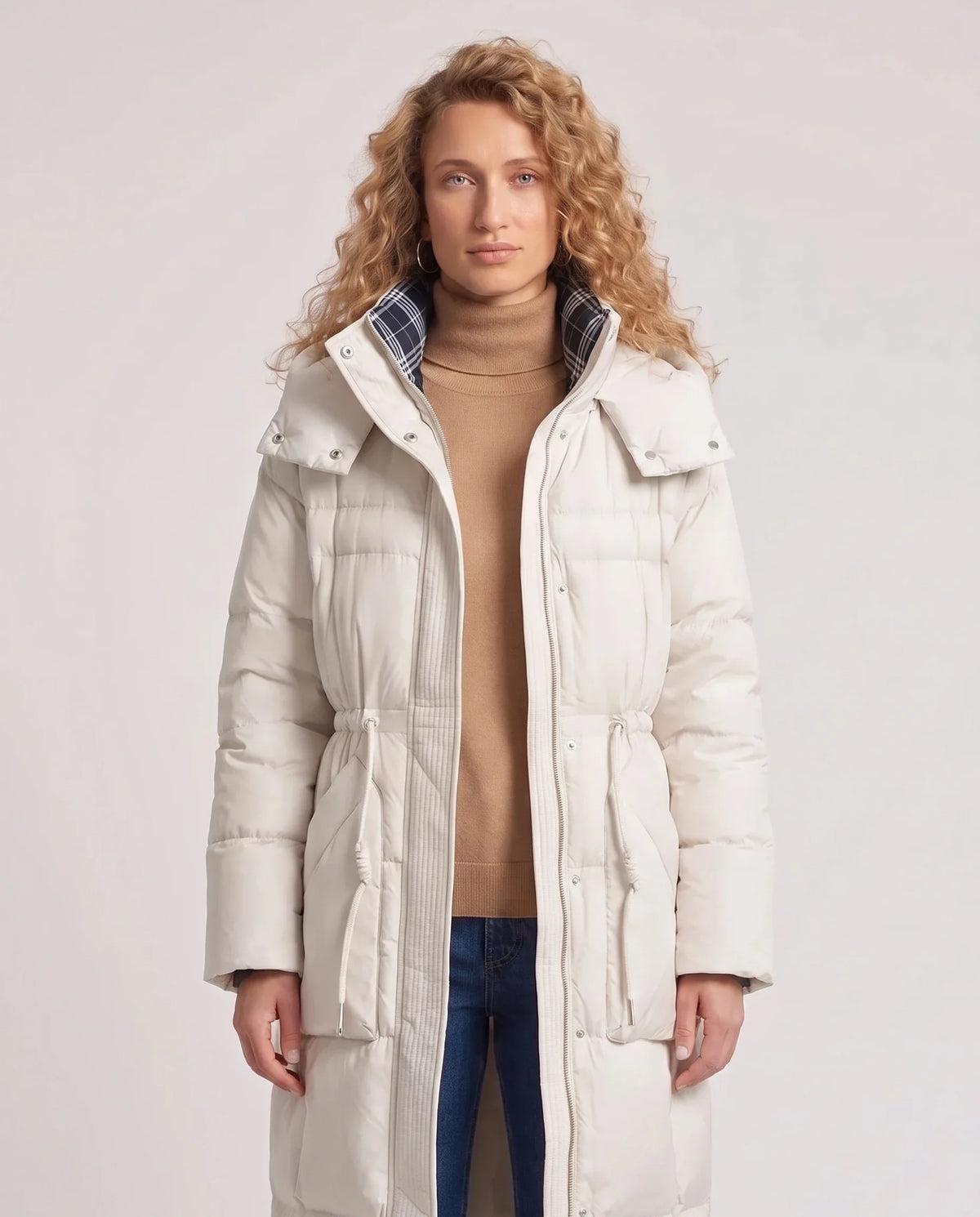 Long Hooded Puffer Jacket with Elasticated Waist