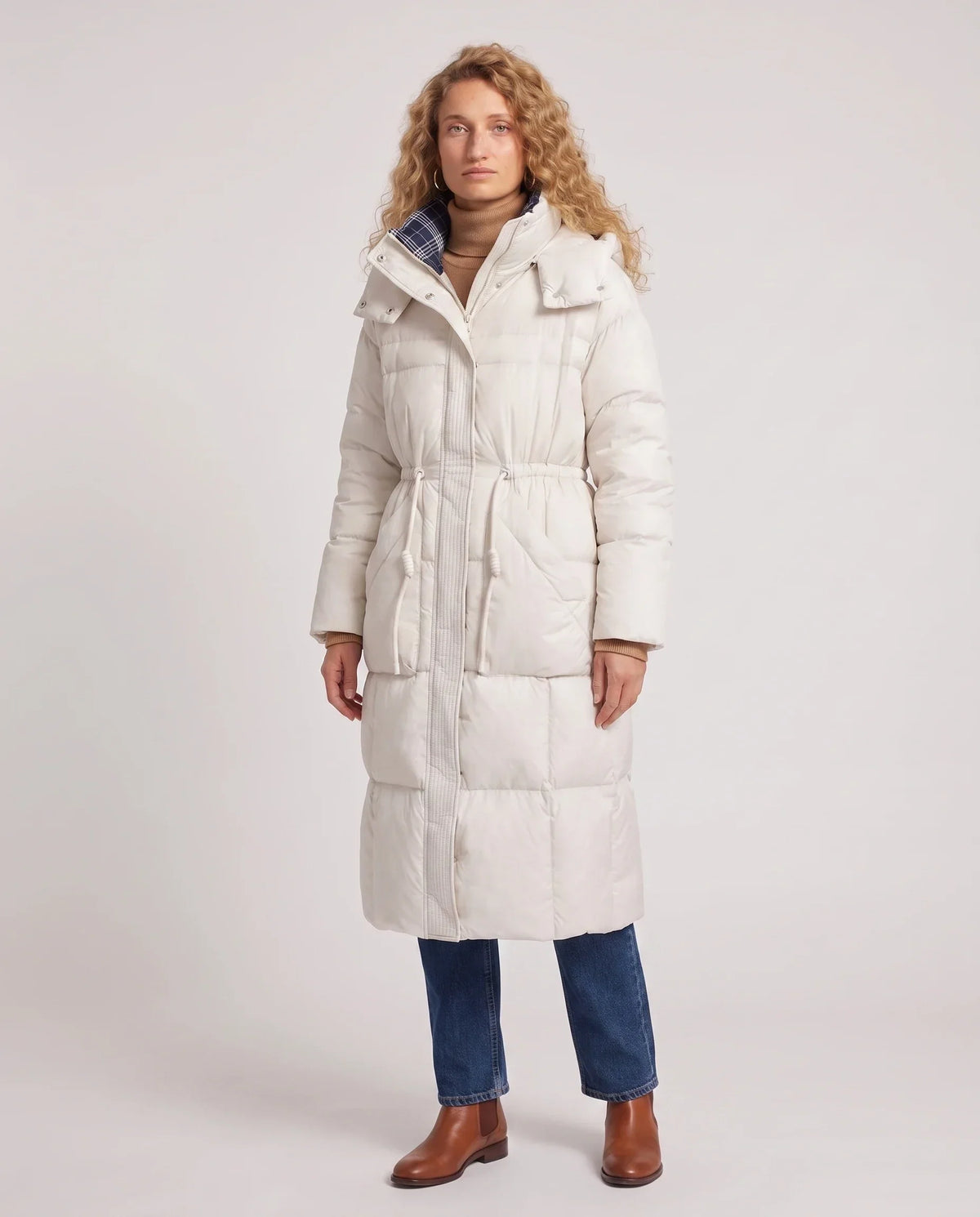 Long Hooded Puffer Jacket with Elasticated Waist
