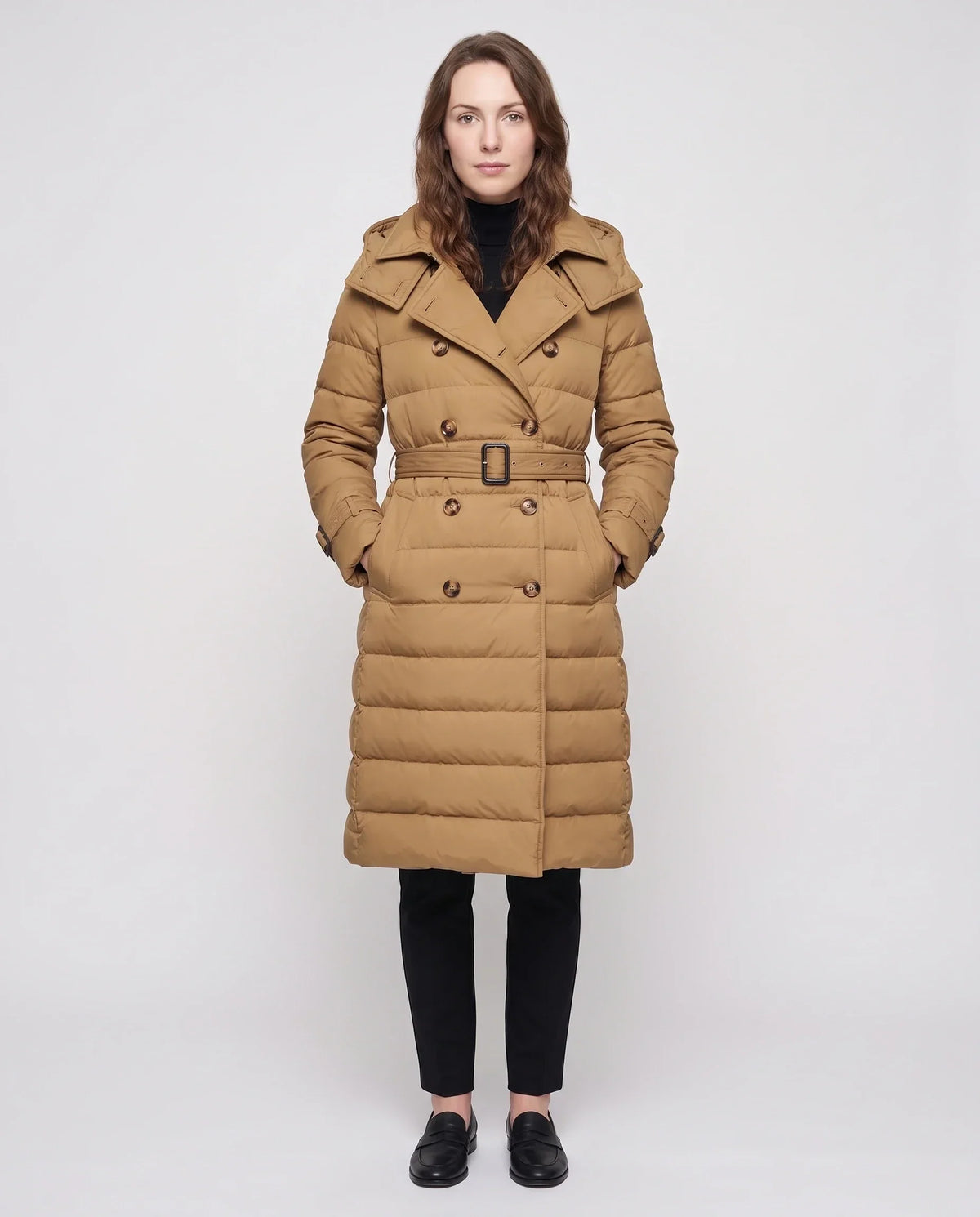 Long Trench-Style Puffer Jacket with Hood