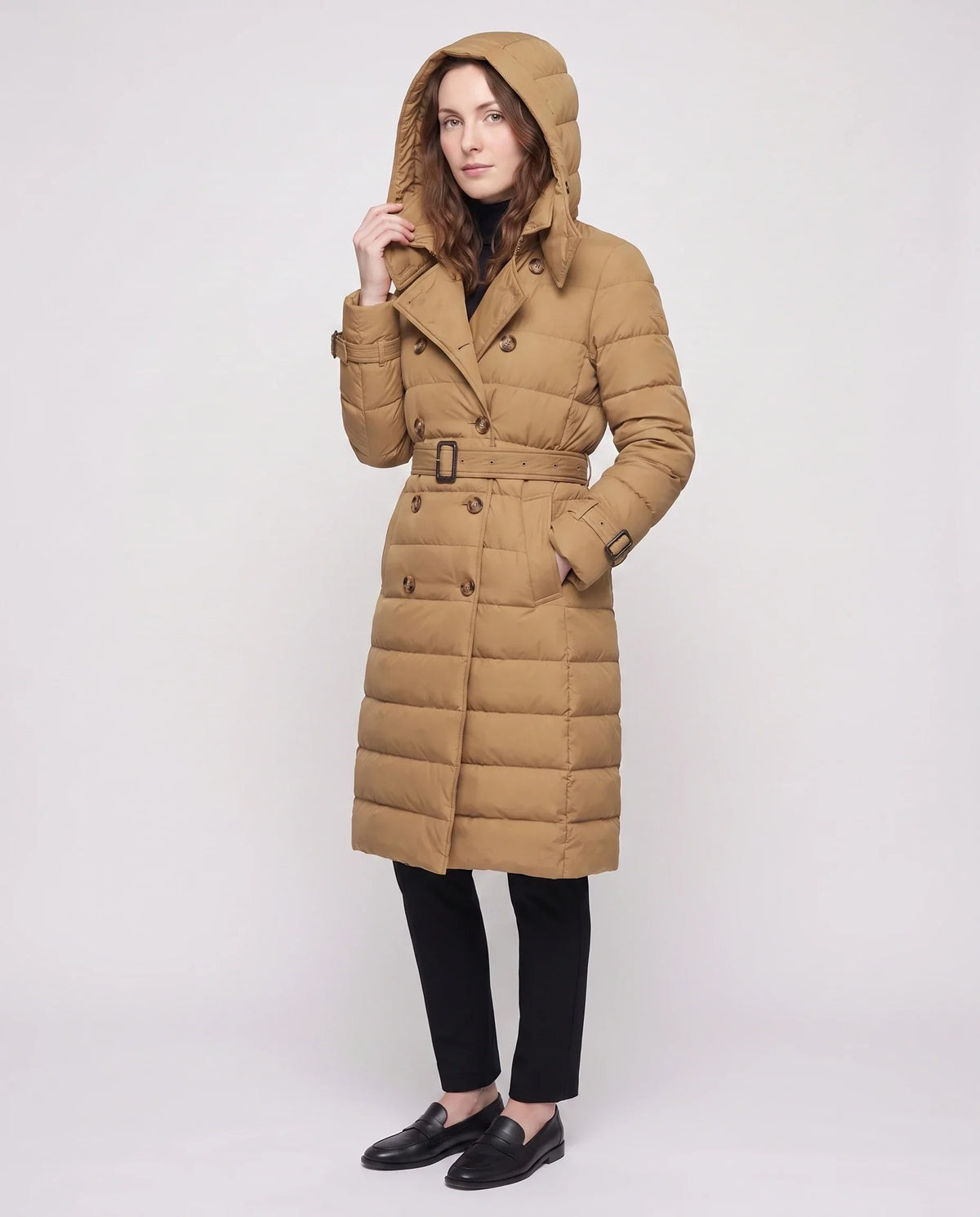 Long Trench-Style Puffer Jacket with Hood