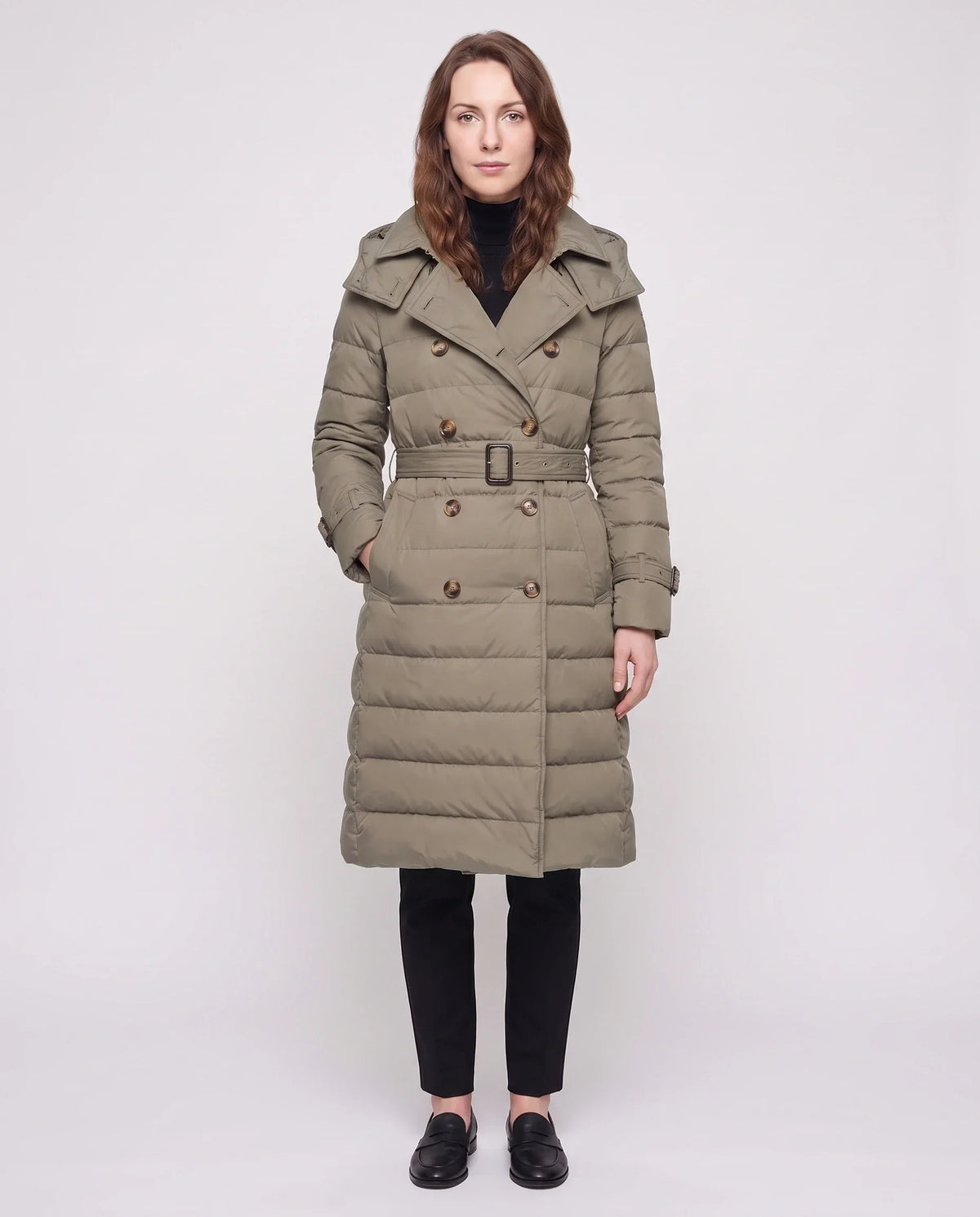 Long Trench-Style Puffer Jacket with Hood