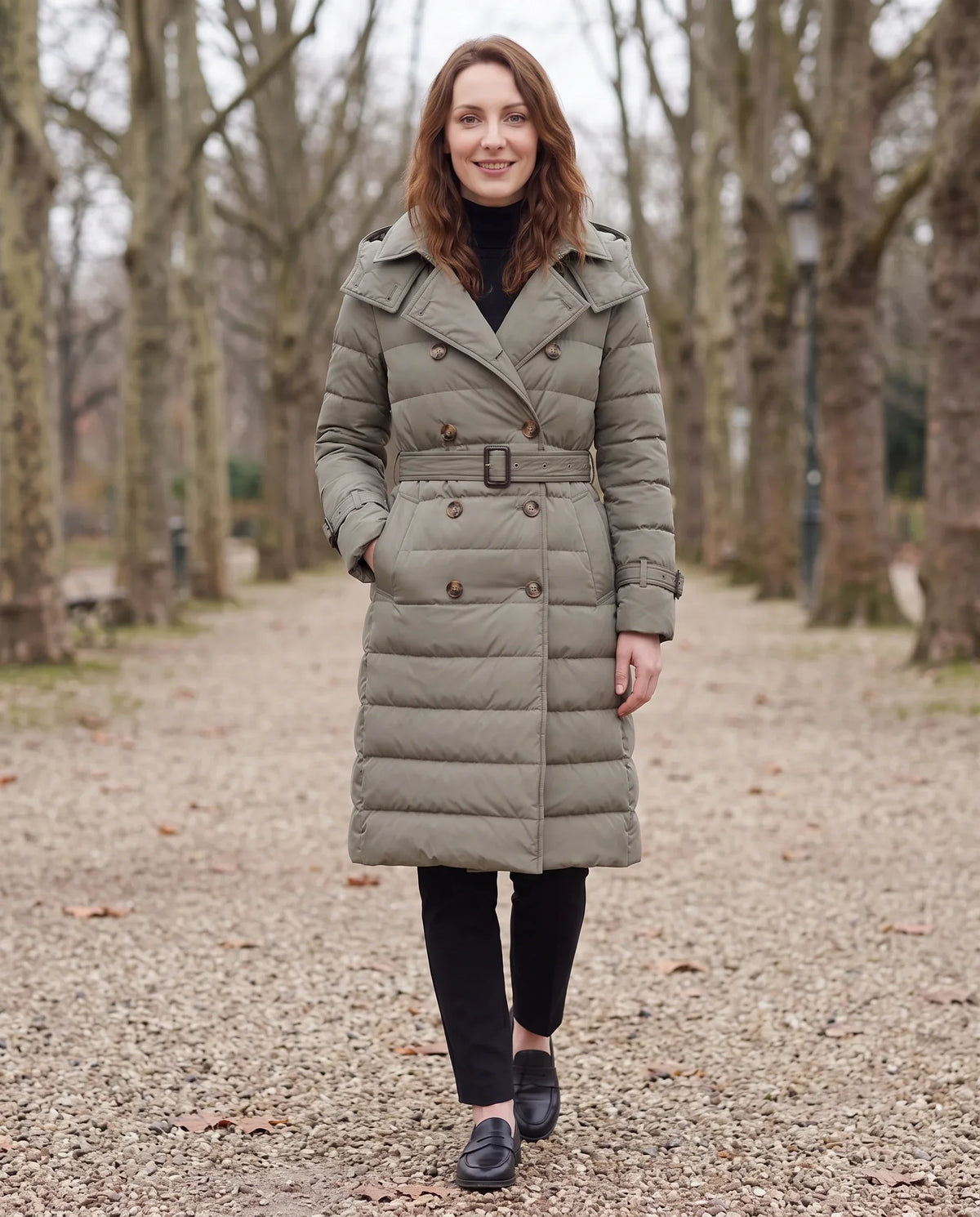 Long Trench-Style Puffer Jacket with Hood