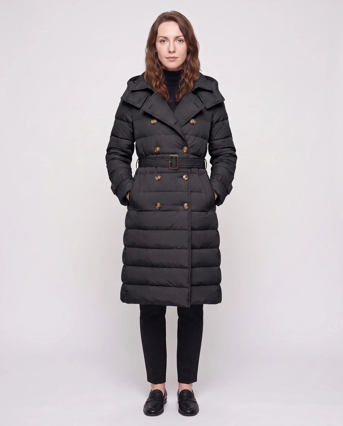 Long Trench-Style Puffer Jacket with Hood