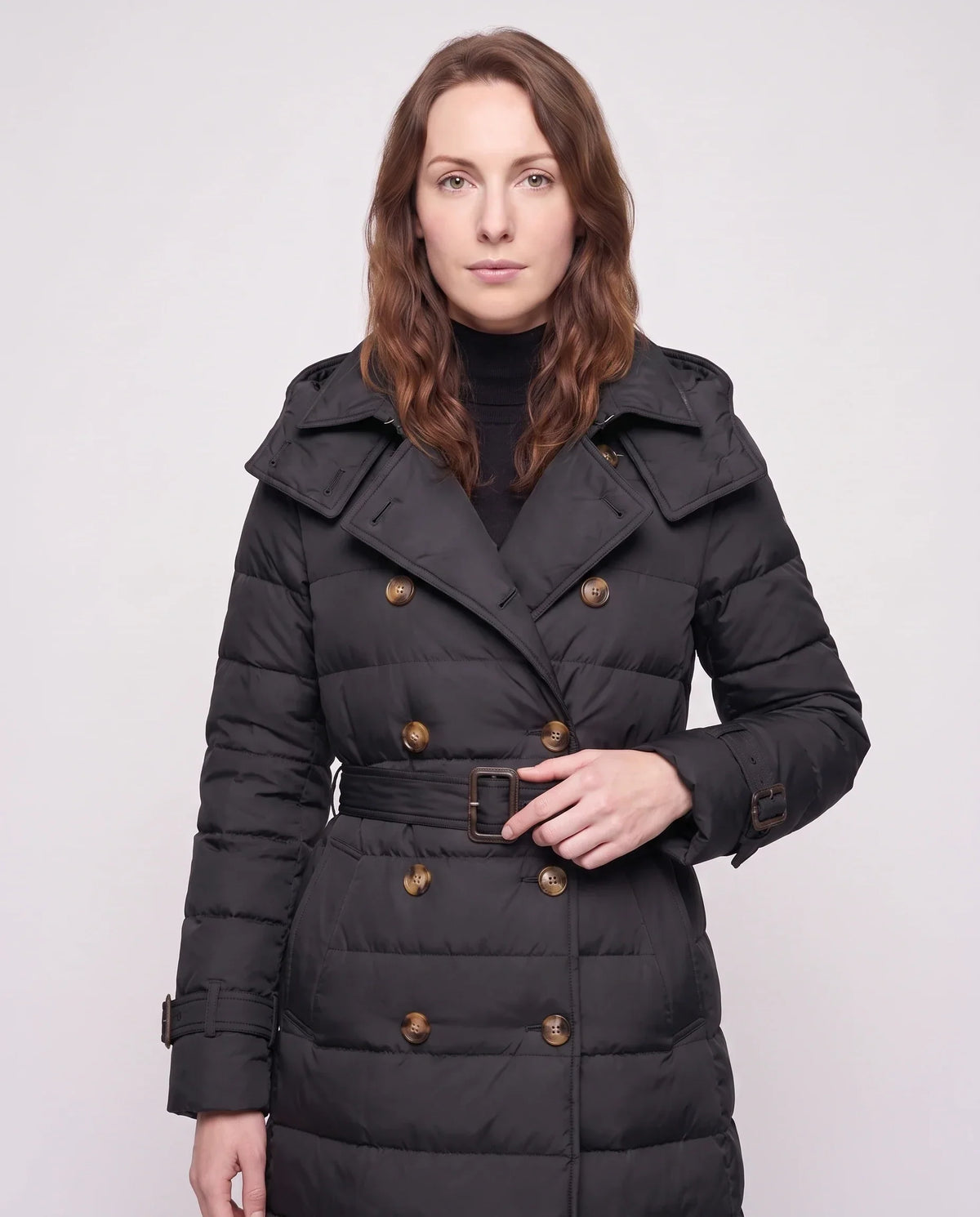 Long Trench-Style Puffer Jacket with Hood