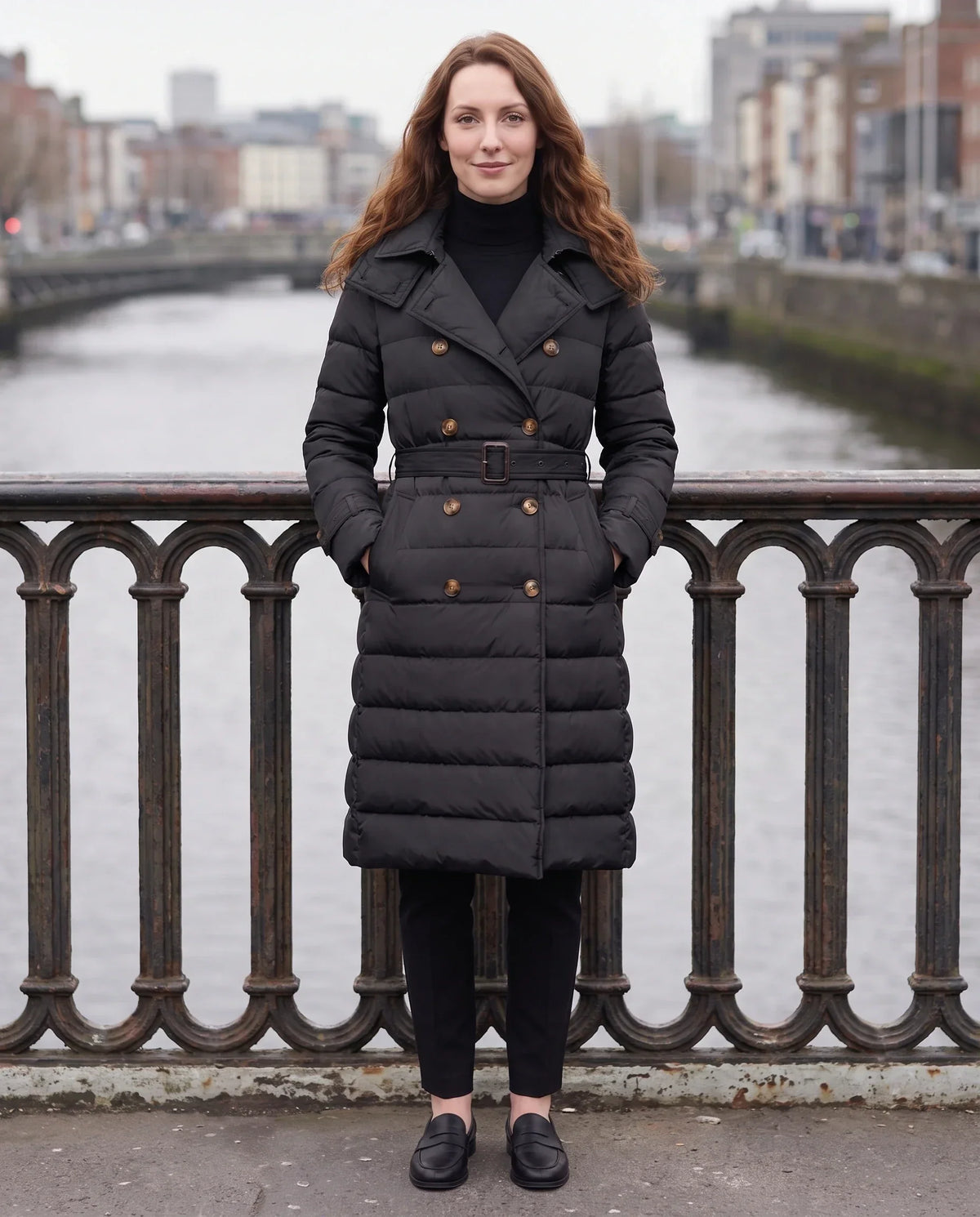 Long Trench-Style Puffer Jacket with Hood