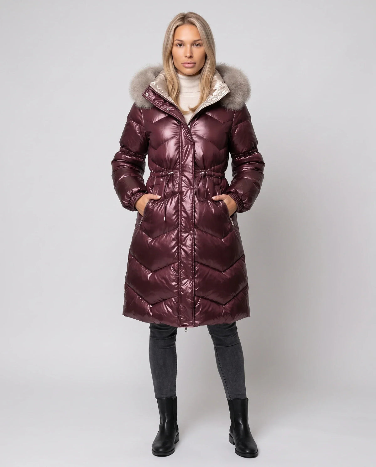 Shiny Mid-Length Puffer Jacket with Faux Fur Hood
