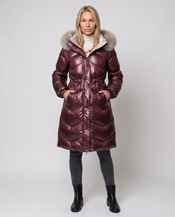 Shiny Mid-Length Puffer Jacket with Faux Fur Hood