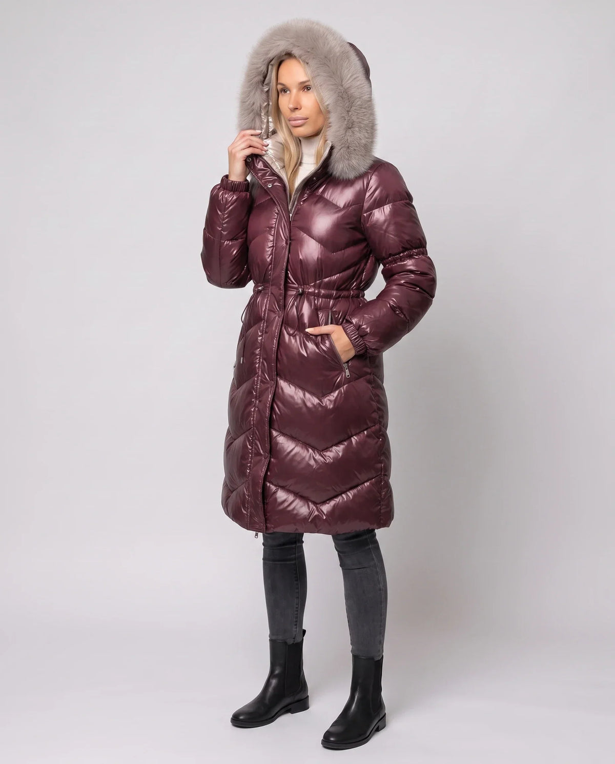 Shiny Mid-Length Puffer Jacket with Faux Fur Hood