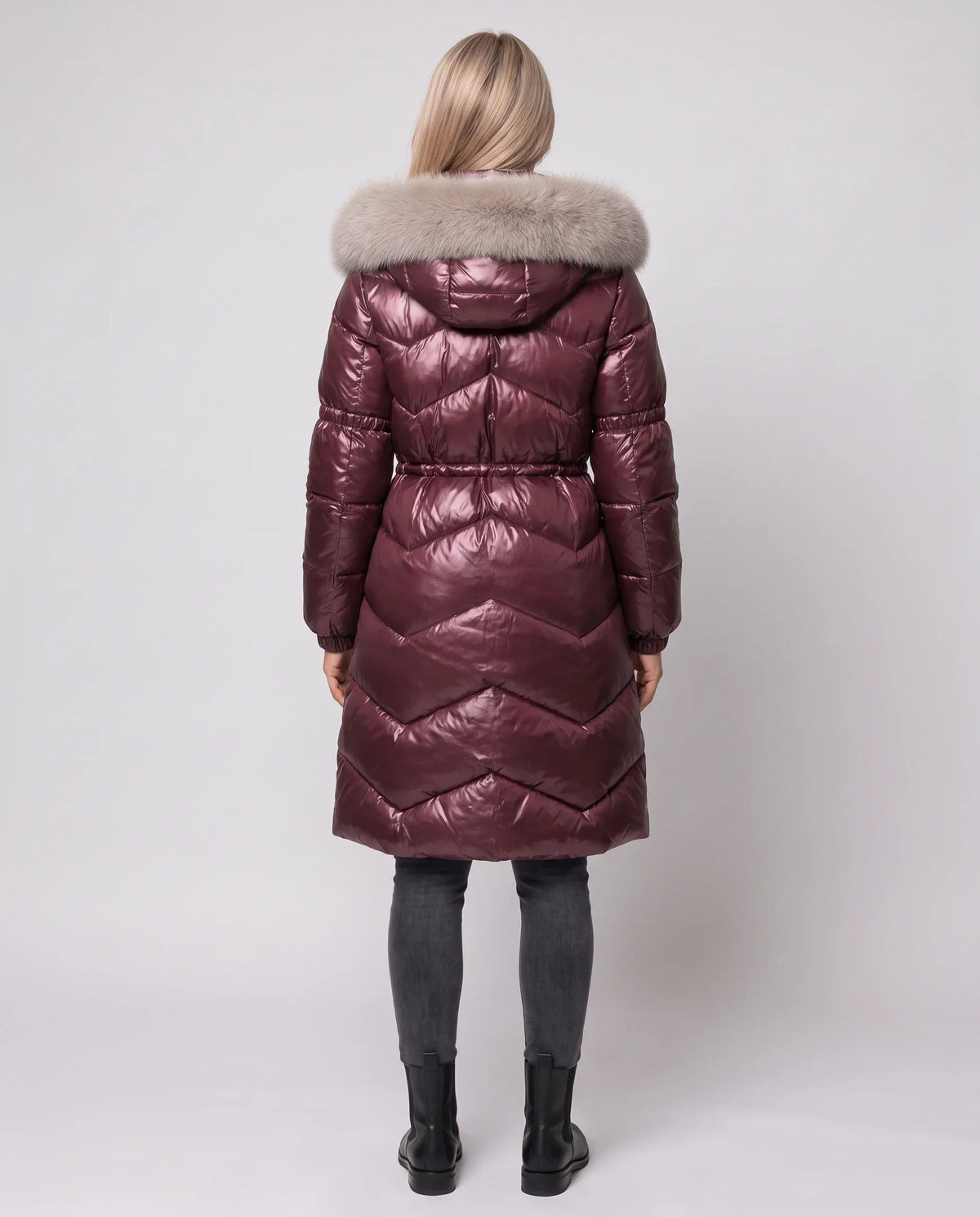 Shiny Mid-Length Puffer Jacket with Faux Fur Hood