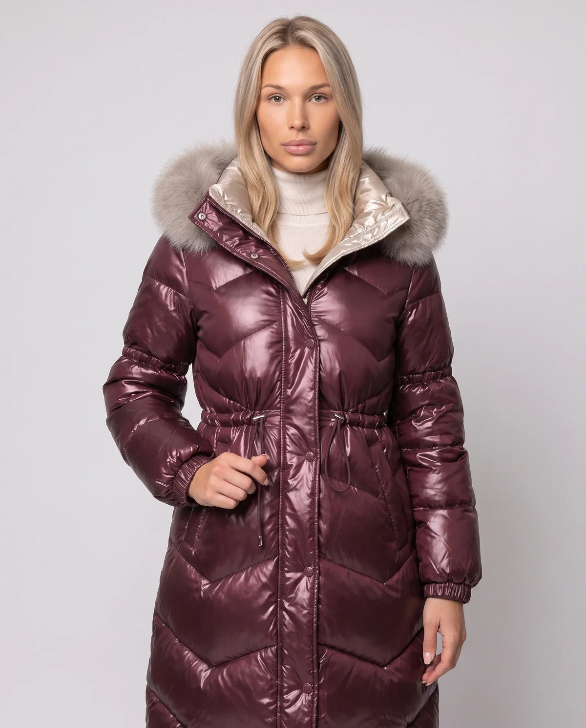 Shiny Mid-Length Puffer Jacket with Faux Fur Hood