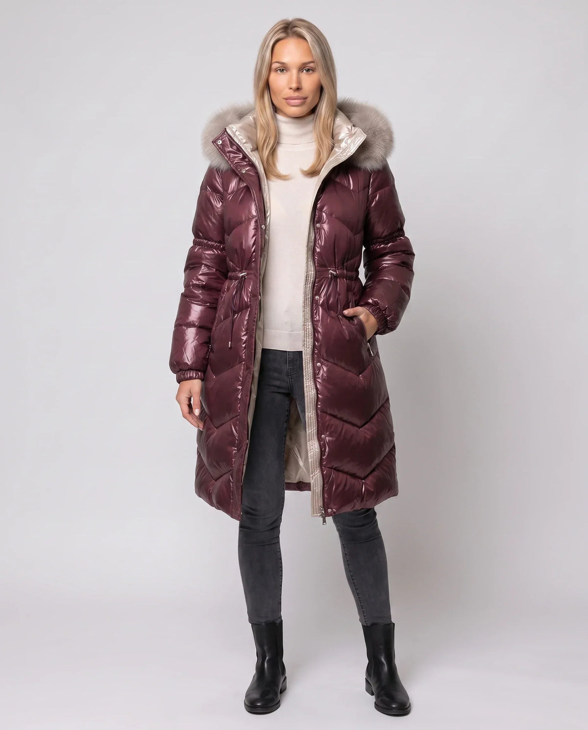 Shiny Mid-Length Puffer Jacket with Faux Fur Hood