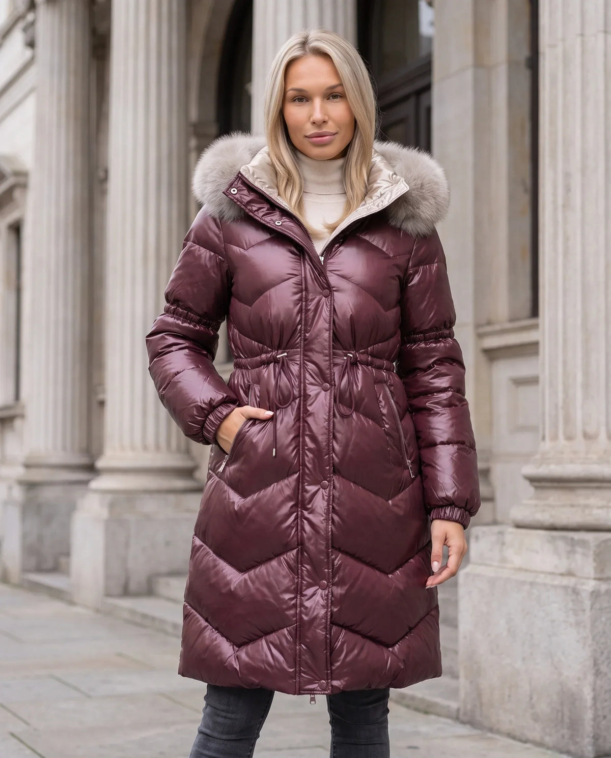 Shiny Mid-Length Puffer Jacket with Faux Fur Hood