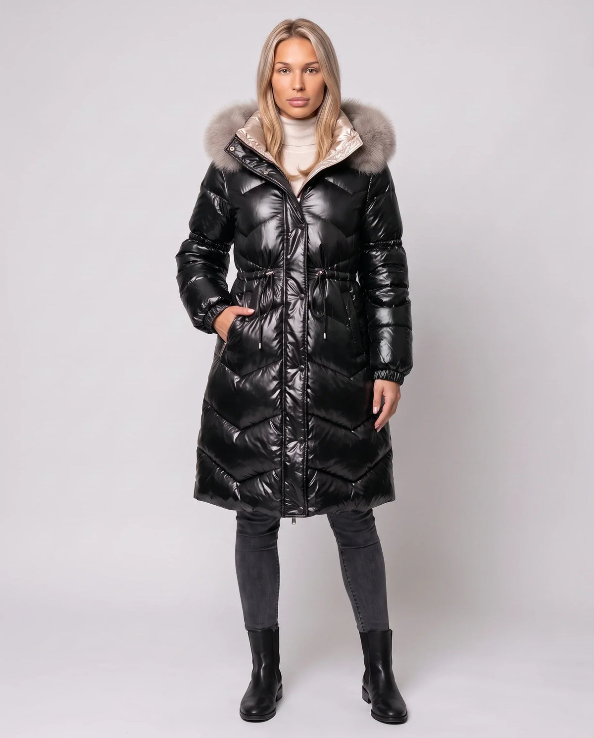Shiny Mid-Length Puffer Jacket with Faux Fur Hood