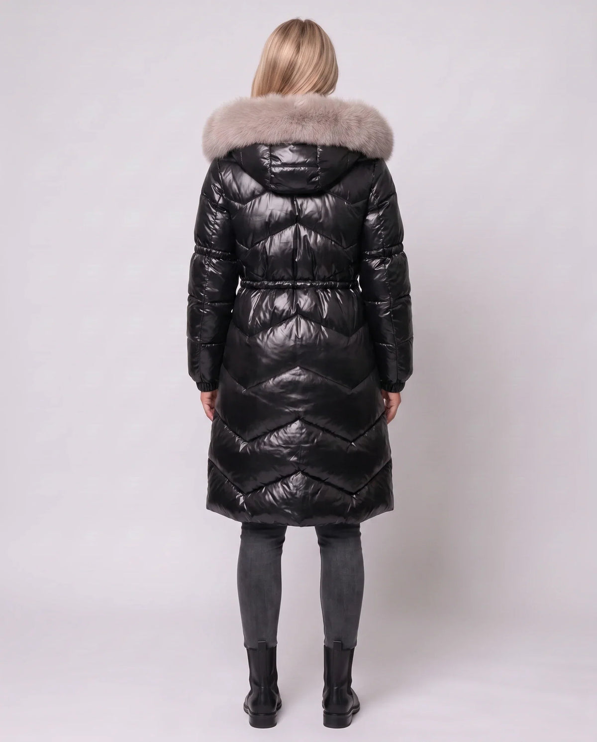 Shiny Mid-Length Puffer Jacket with Faux Fur Hood