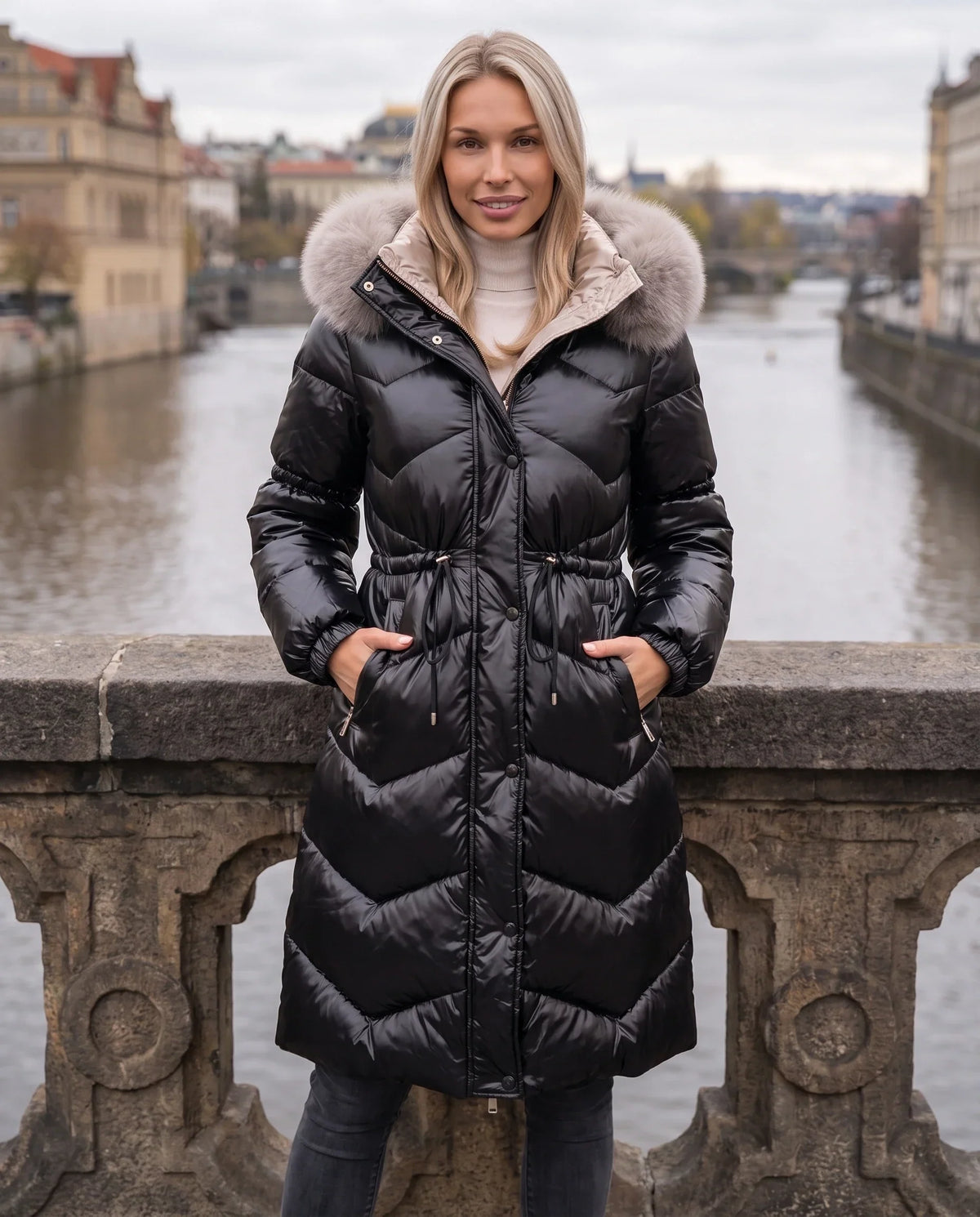 Shiny Mid-Length Puffer Jacket with Faux Fur Hood
