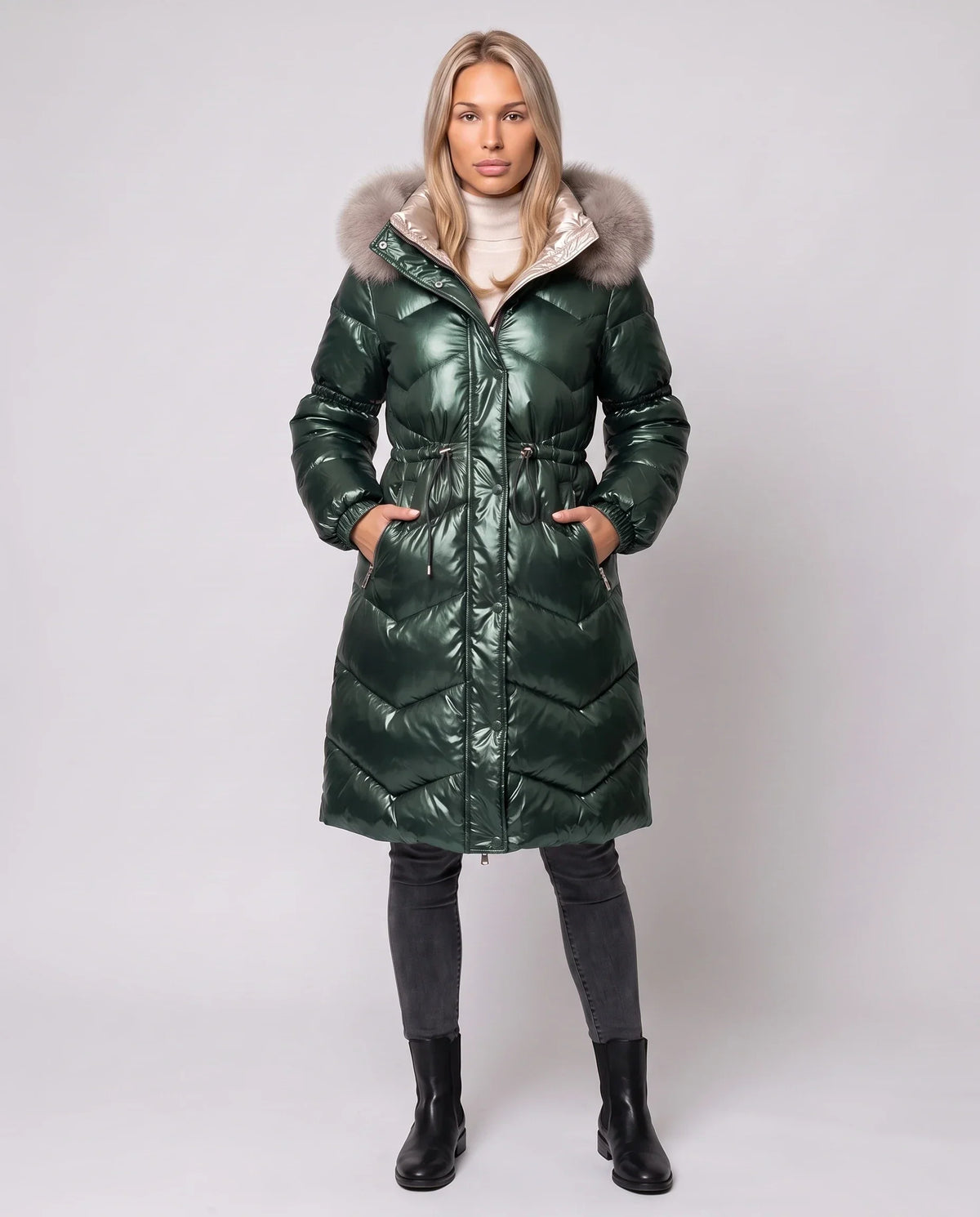 Shiny Mid-Length Puffer Jacket with Faux Fur Hood
