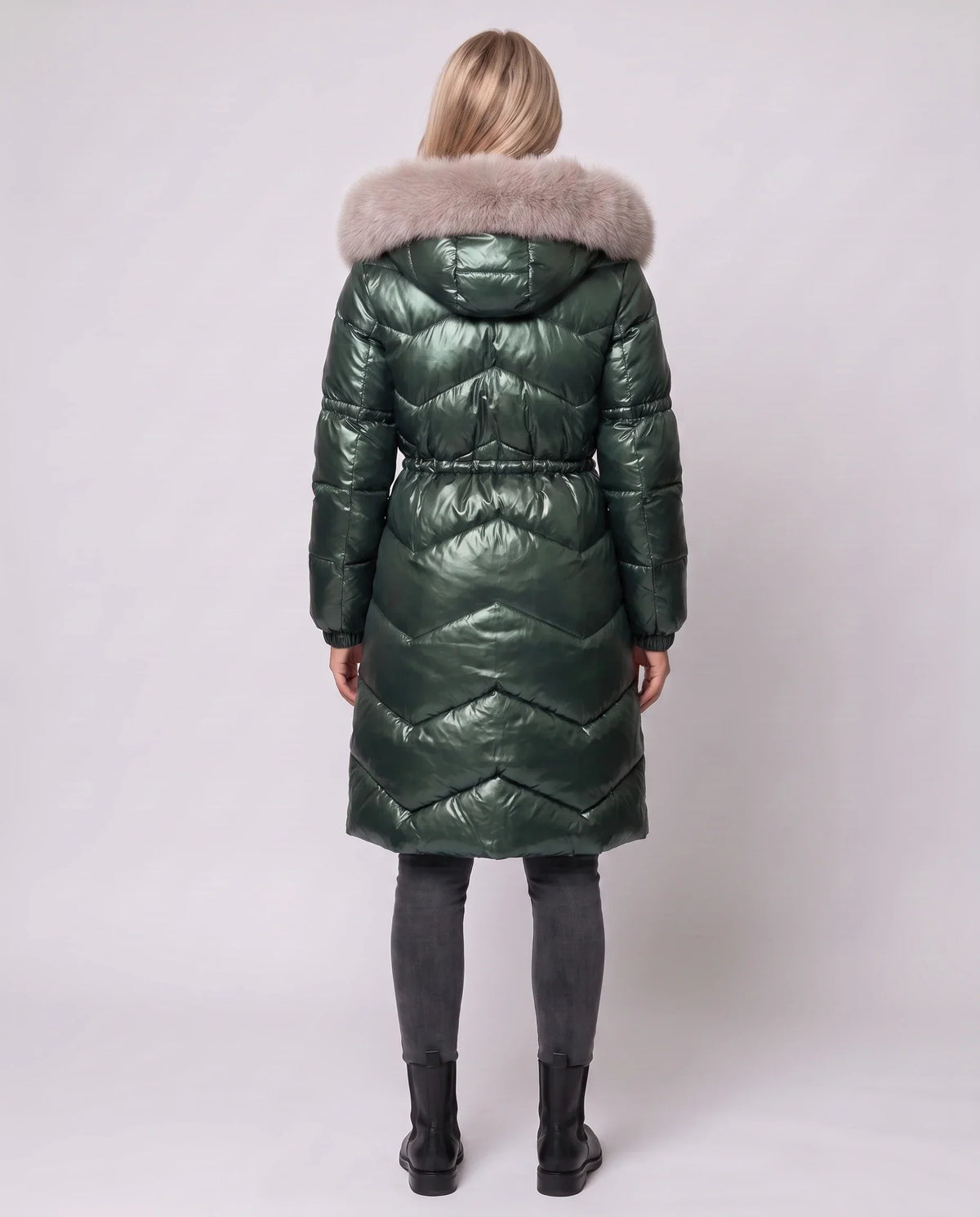 Shiny Mid-Length Puffer Jacket with Faux Fur Hood