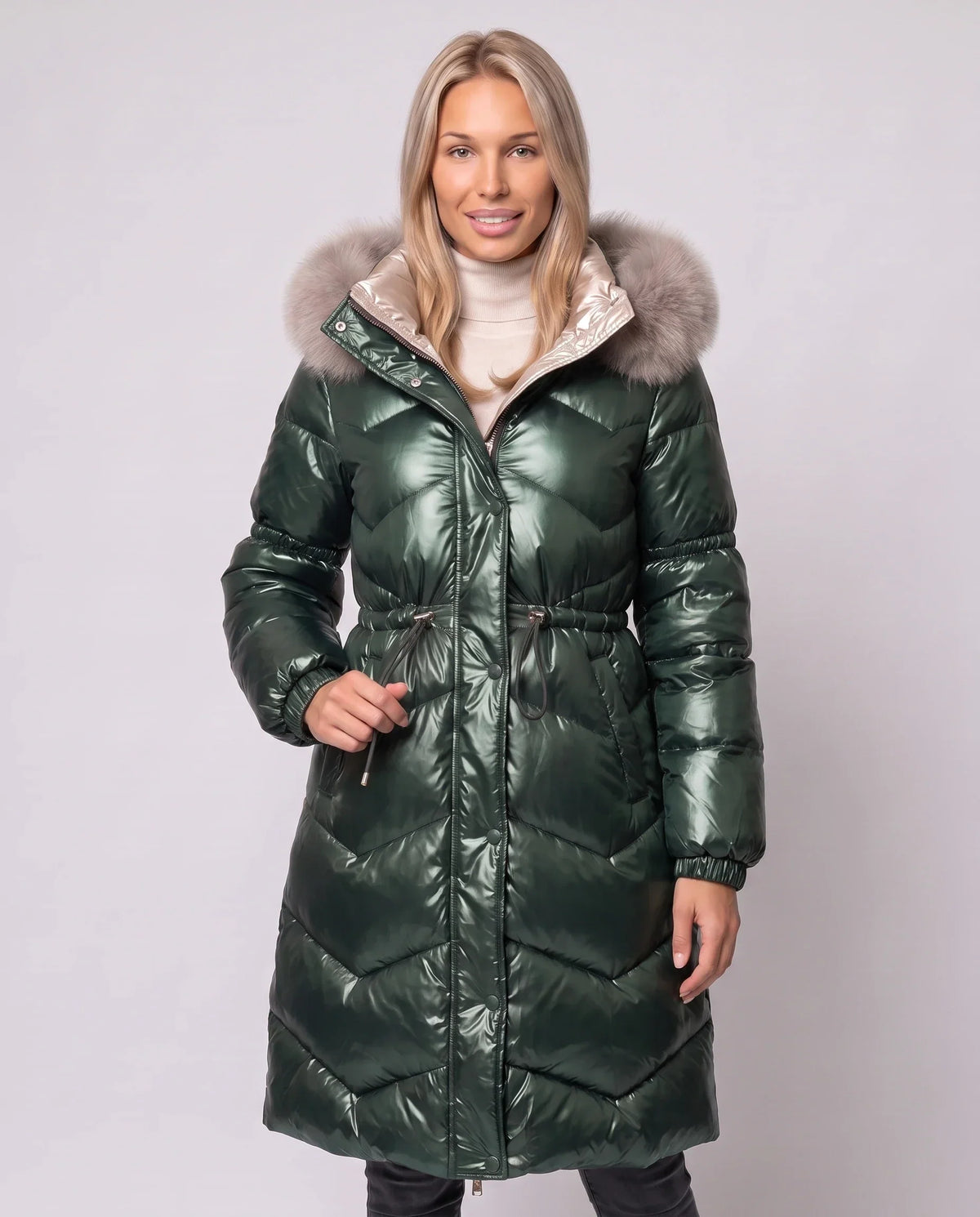 Shiny Mid-Length Puffer Jacket with Faux Fur Hood